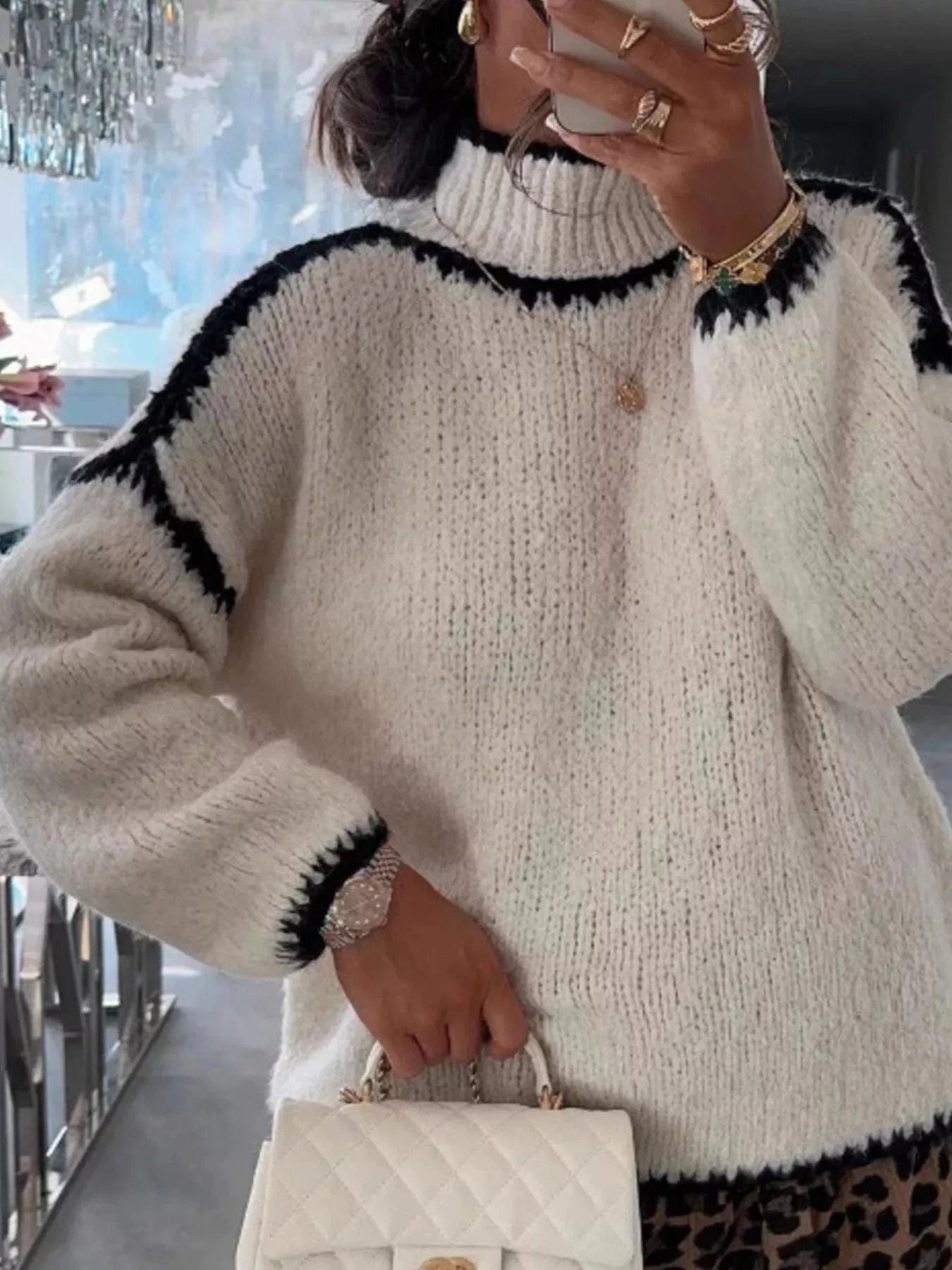 Contrast Trim Turtleneck Long Sleeve Sweater Sweaters Apricot / S The Nichole Collection