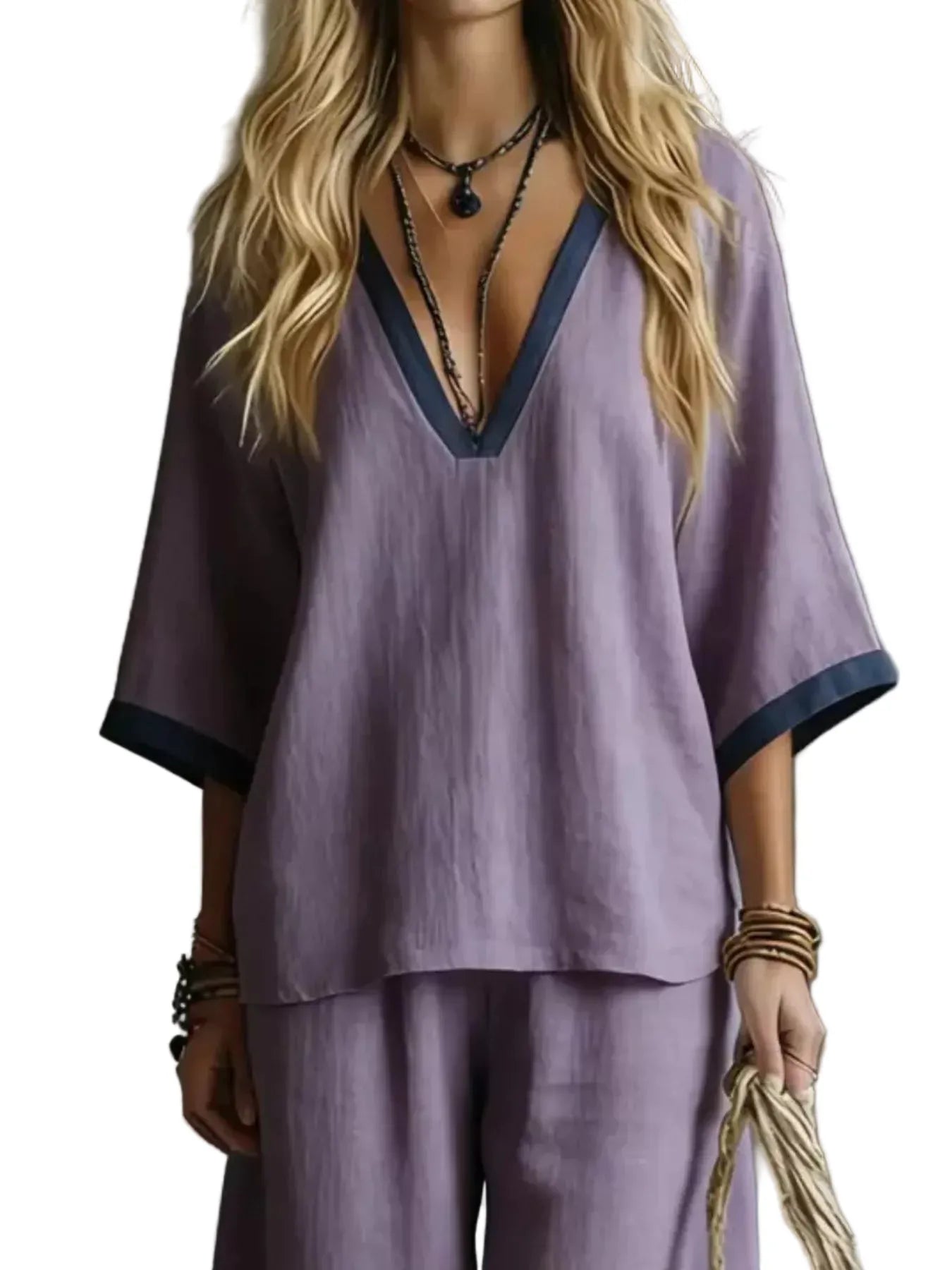 Contrast Trim V-Neck Top and Pants Set The Nichole Collection - Official Site