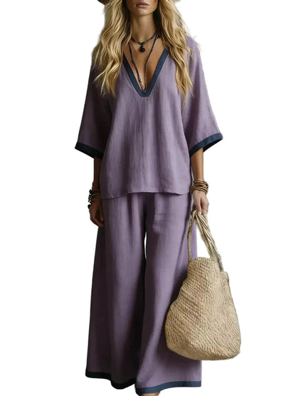 Contrast Trim V-Neck Top and Pants Set Purple / S The Nichole Collection - Official Site