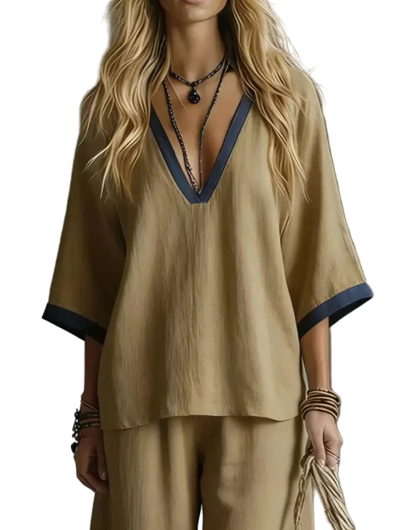 Contrast Trim V-Neck Top and Pants Set The Nichole Collection - Official Site