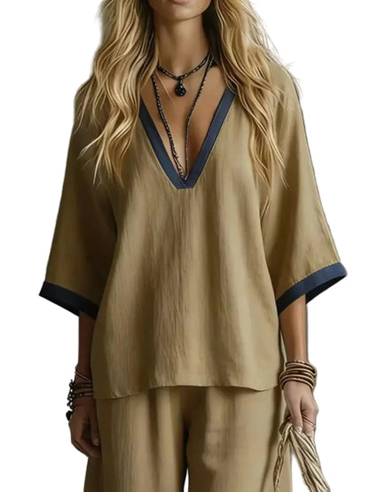 Contrast Trim V-Neck Top and Pants Set The Nichole Collection - Official Site