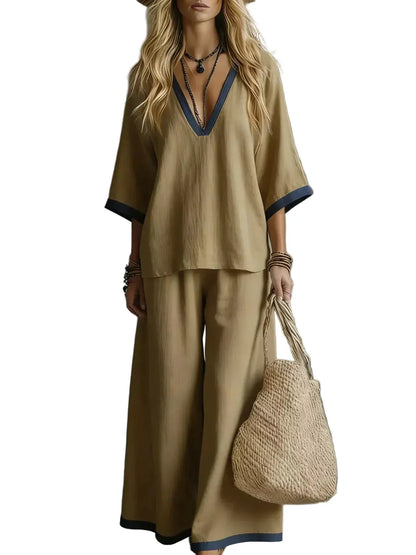 Contrast Trim V-Neck Top and Pants Set Camel / S The Nichole Collection - Official Site