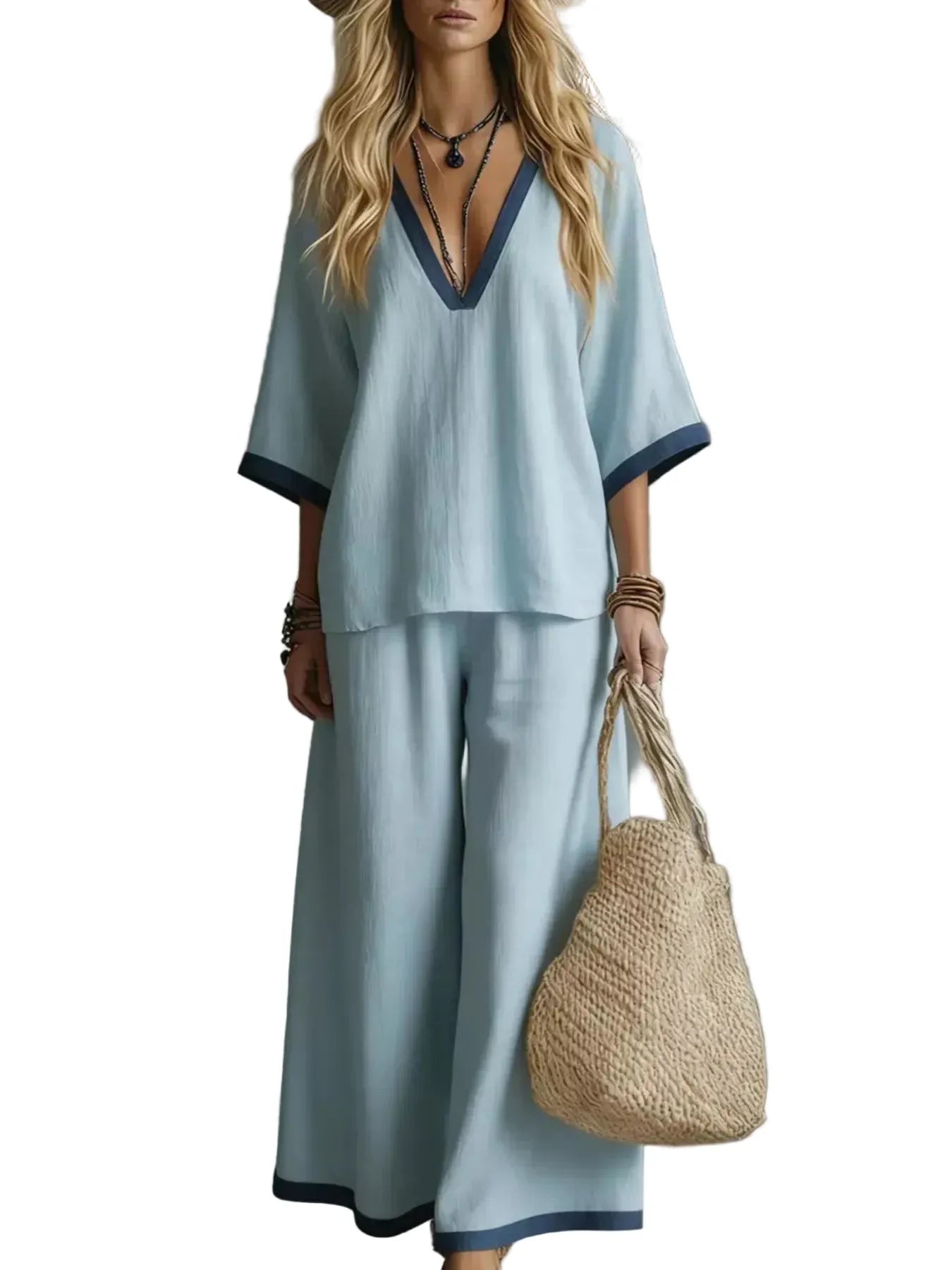 Contrast Trim V-Neck Top and Pants Set Light Blue / S The Nichole Collection - Official Site