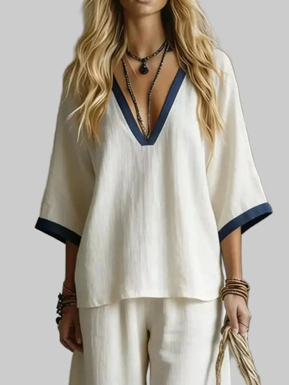 Contrast Trim V-Neck Top and Pants Set The Nichole Collection - Official Site