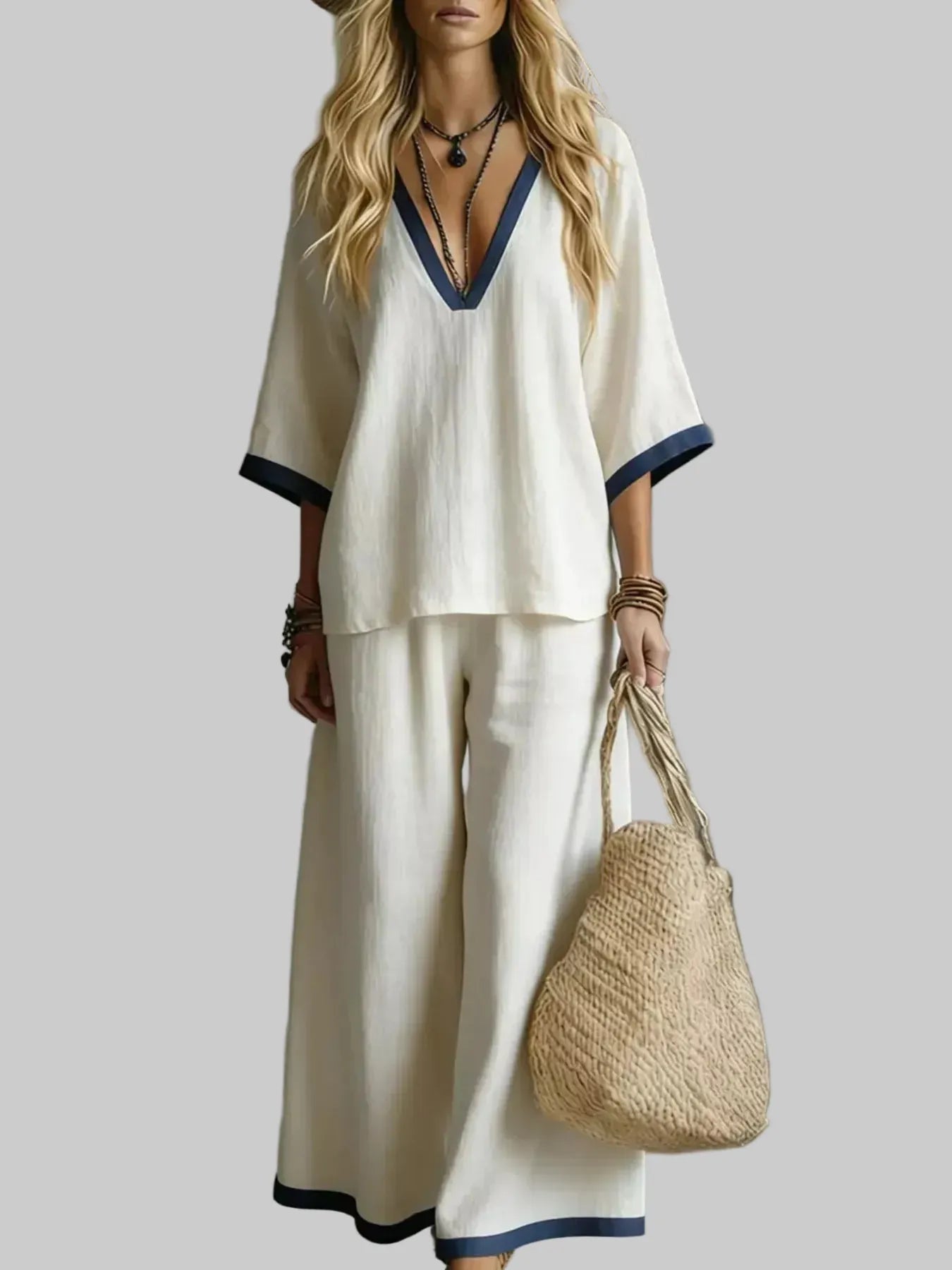 Contrast Trim V-Neck Top and Pants Set White / S The Nichole Collection - Official Site