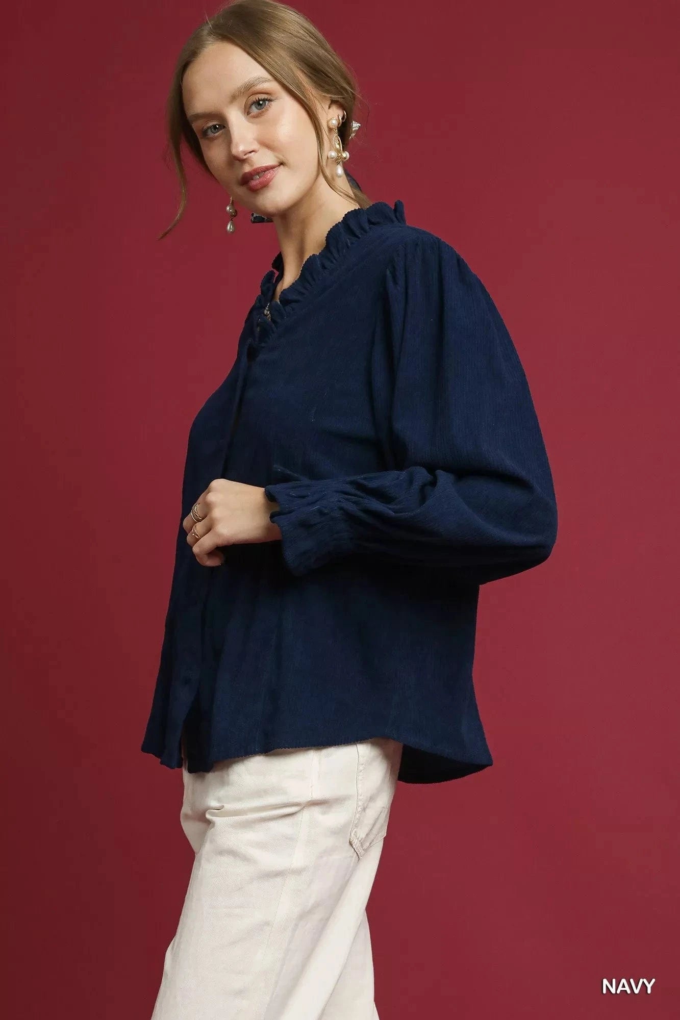 Corduroy Ruffle Shirt with Long Puff Sleeves The Nichole Collection
