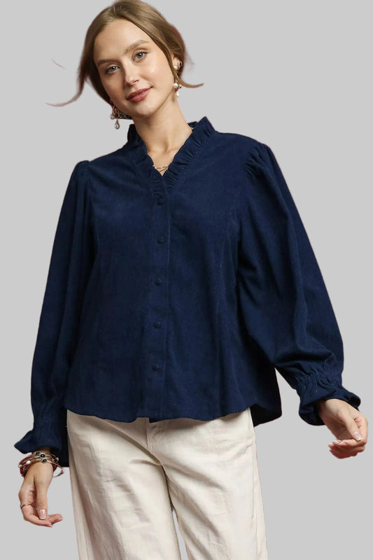 Corduroy Ruffle Shirt with Long Puff Sleeves Navy / S The Nichole Collection