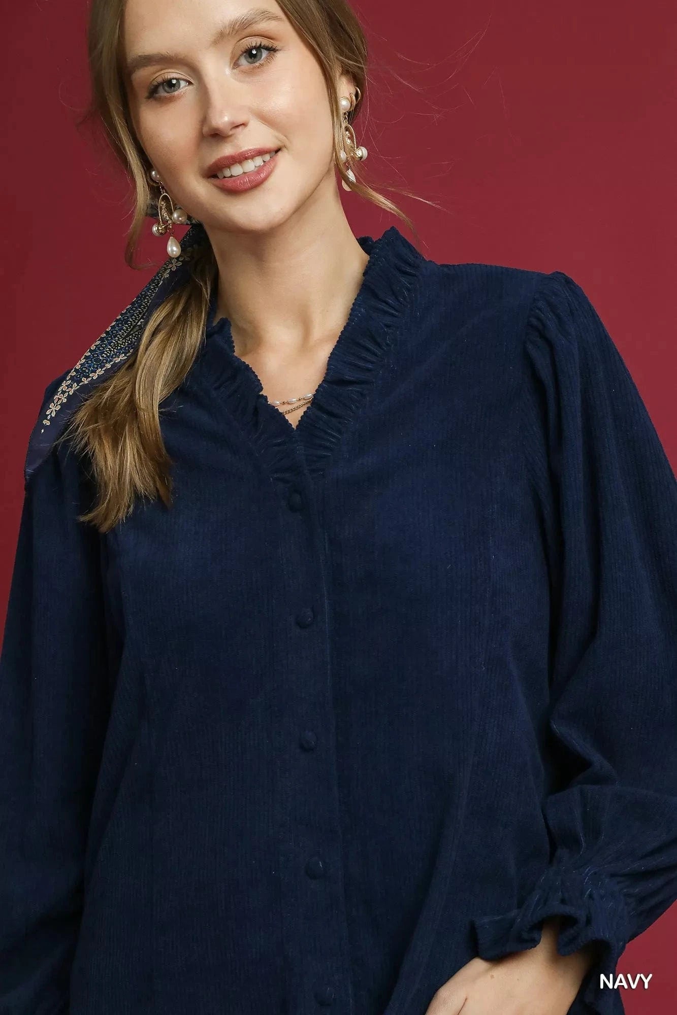 Corduroy Ruffle Shirt with Long Puff Sleeves The Nichole Collection