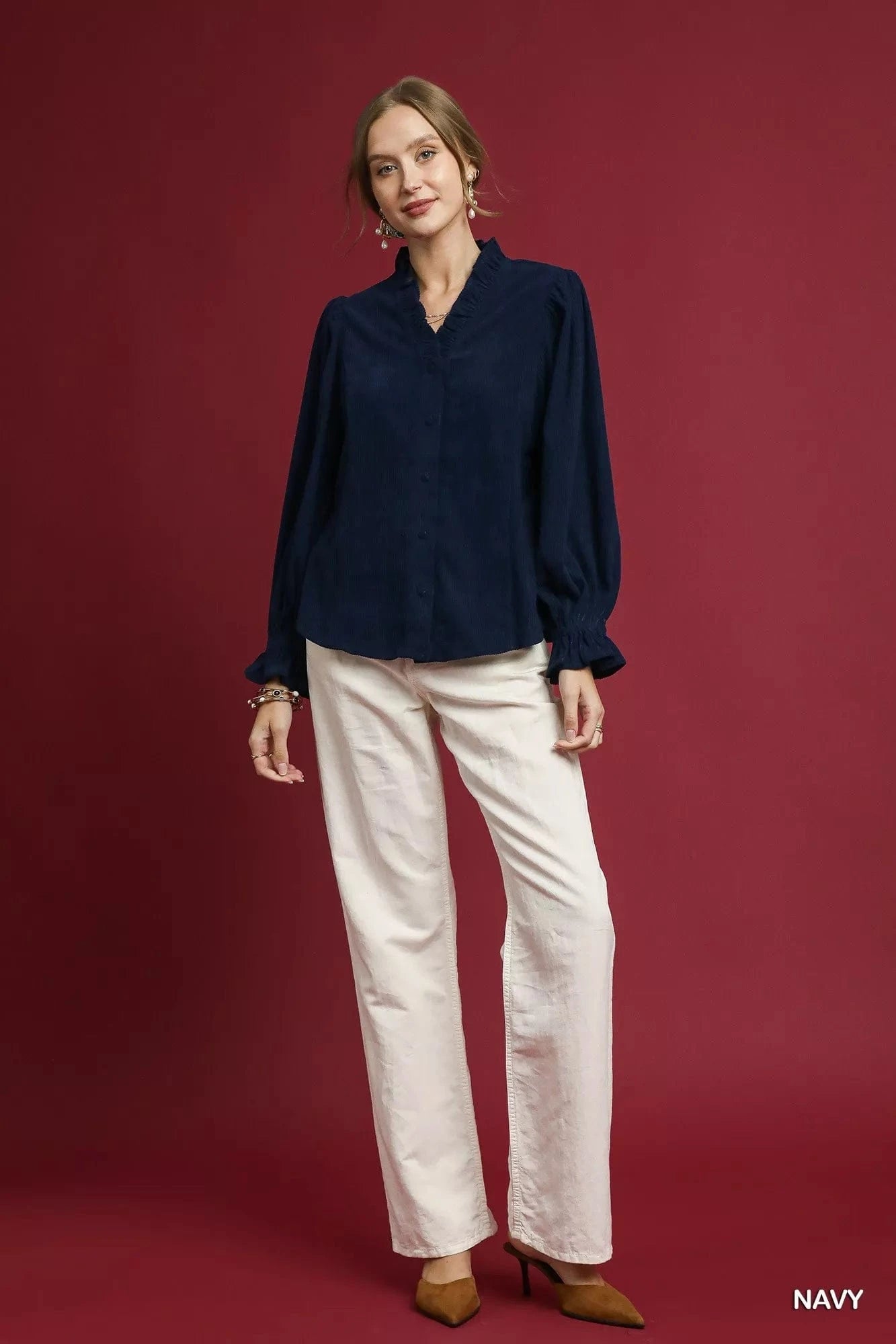 Corduroy Ruffle Shirt with Long Puff Sleeves The Nichole Collection