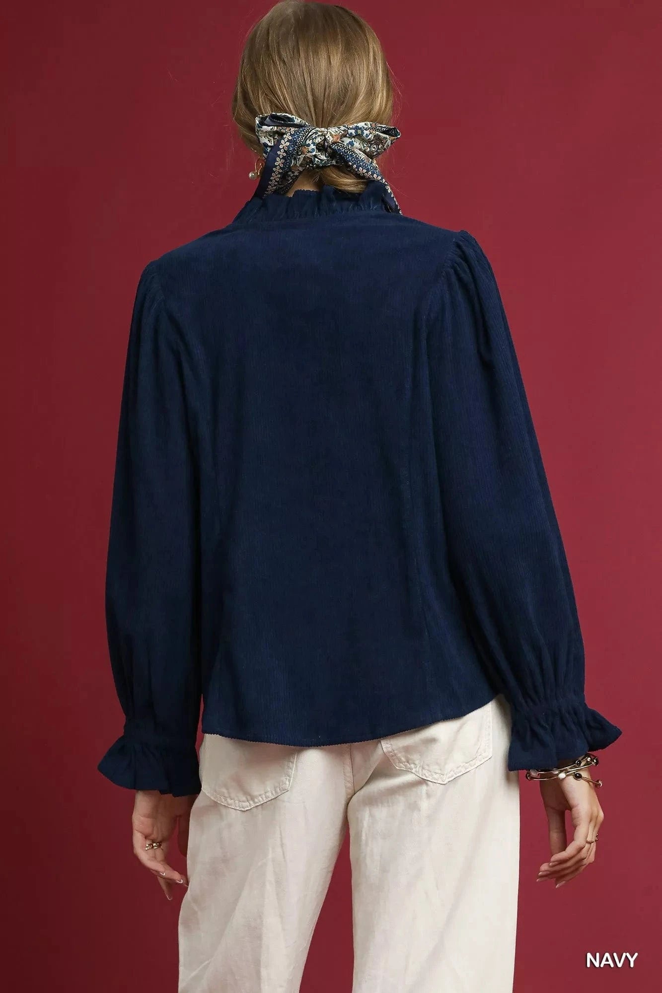 Corduroy Ruffle Shirt with Long Puff Sleeves The Nichole Collection