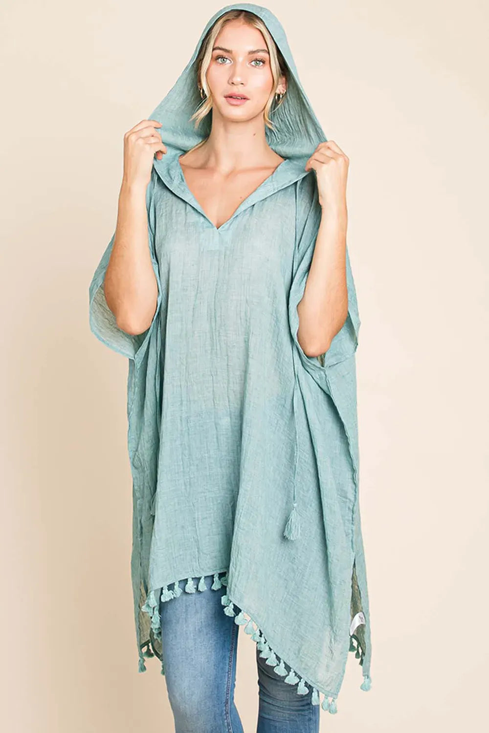 Cotton Bleu by Nu Label Tassel Hem Hooded Cover Up The Nichole Collection