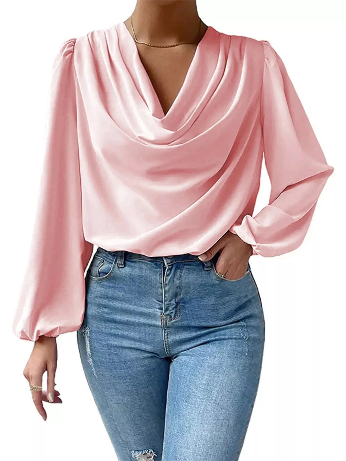 Cowl Neck Balloon Sleeve Blouse Shirts & Tops Pink / S The Nichole Collection