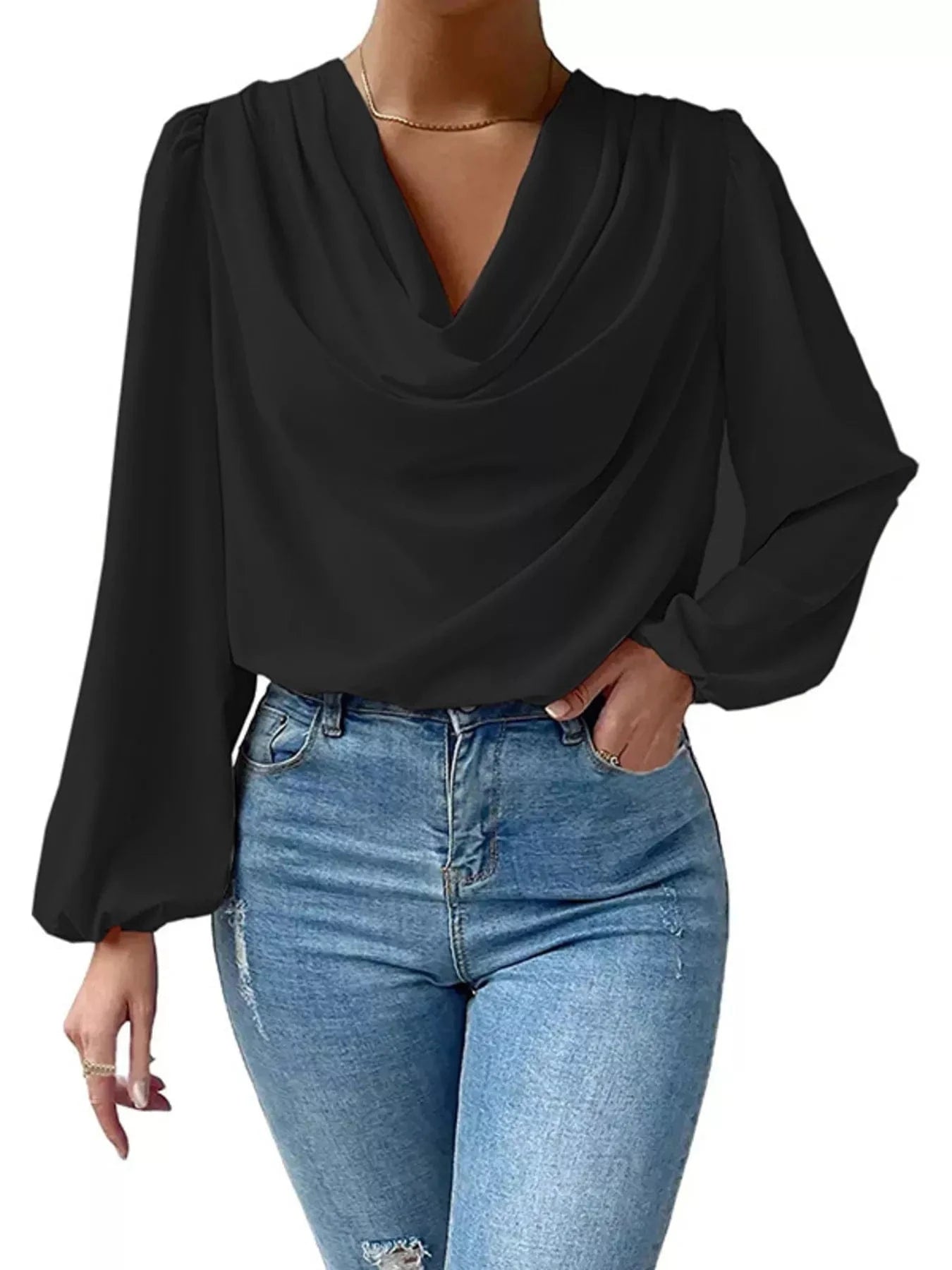 Cowl Neck Balloon Sleeve Blouse Shirts & Tops Black / S The Nichole Collection