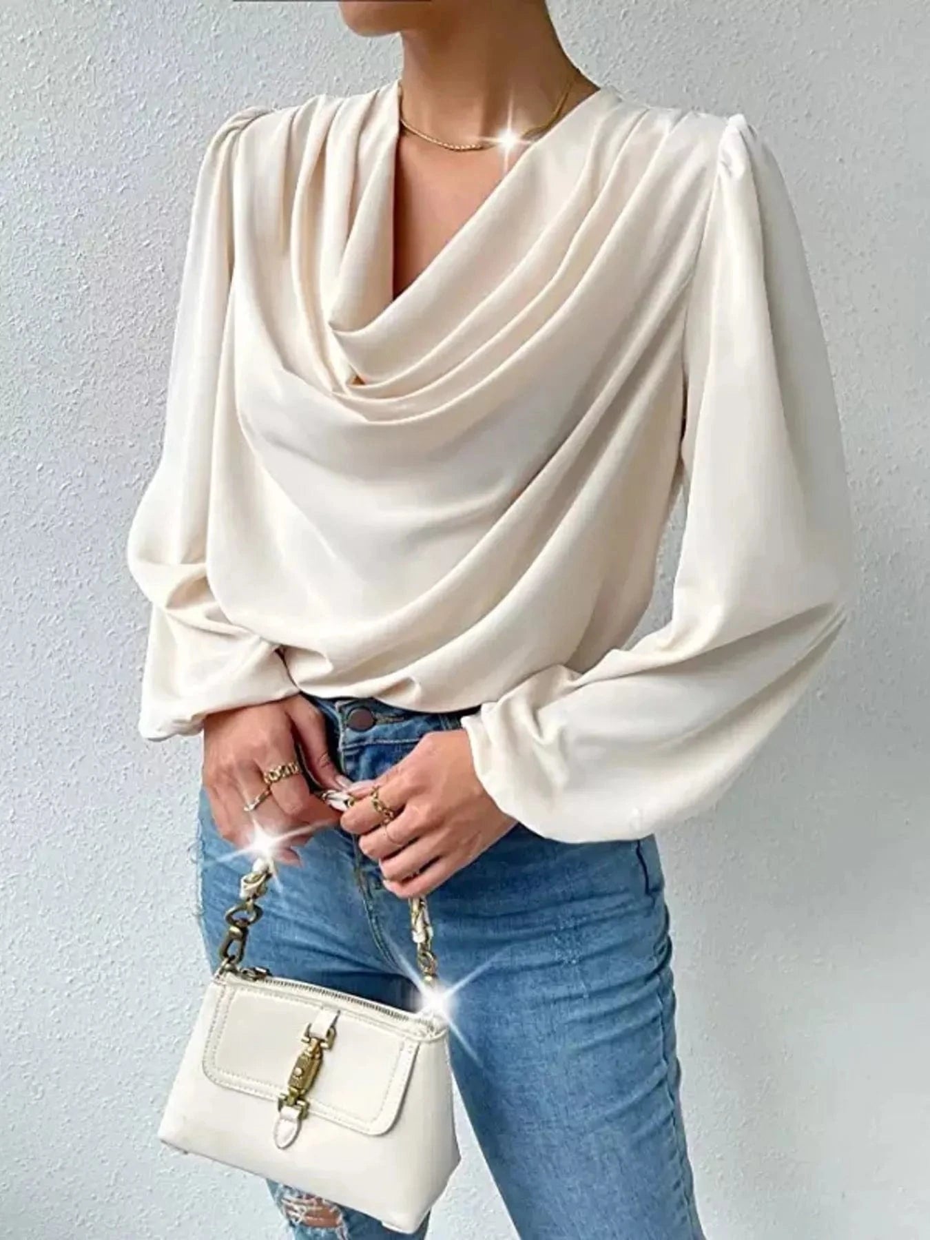 Cowl Neck Balloon Sleeve Blouse Shirts & Tops Apricot / S The Nichole Collection
