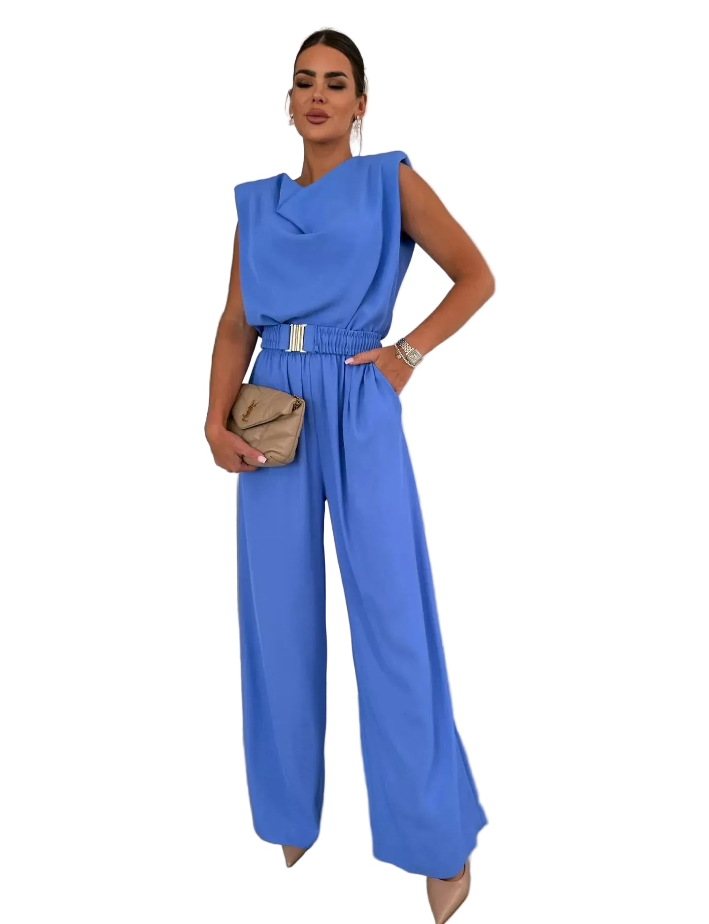 Cowl Neck Wide-Leg Jumpsuit Blue / S The Nichole Collection