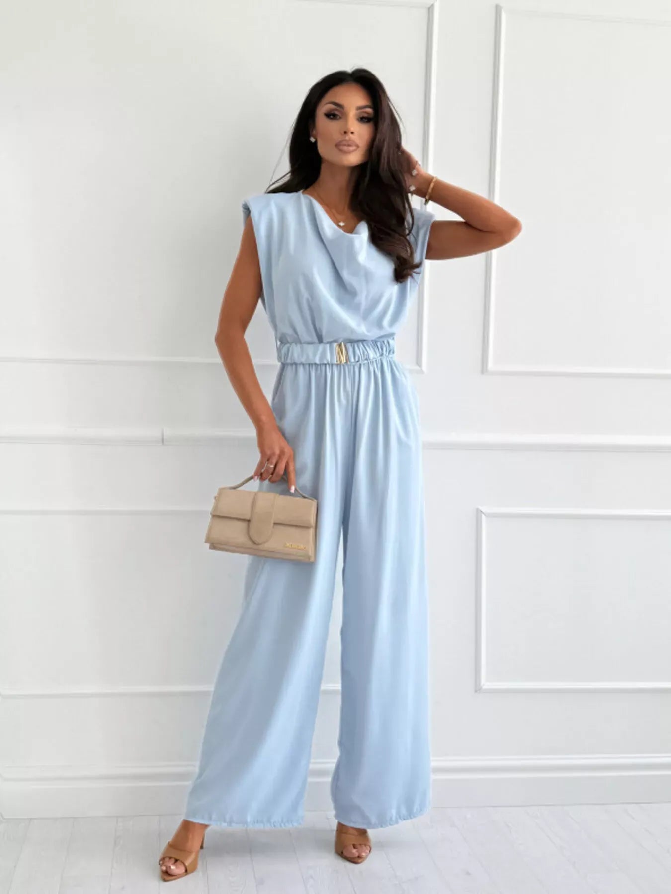 Cowl Neck Wide-Leg Jumpsuit Light Blue / S The Nichole Collection