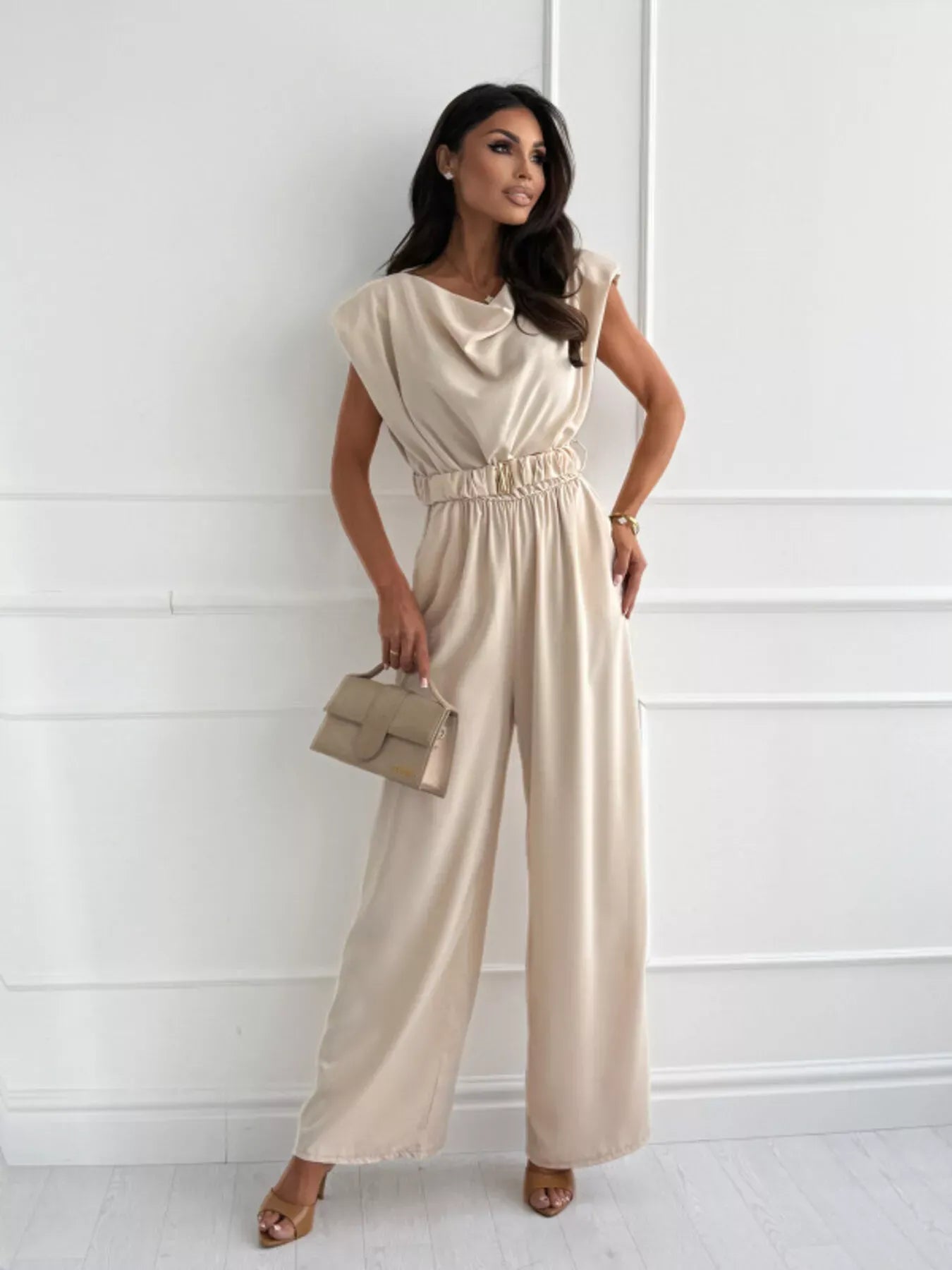 Cowl Neck Wide-Leg Jumpsuit Tan / S The Nichole Collection