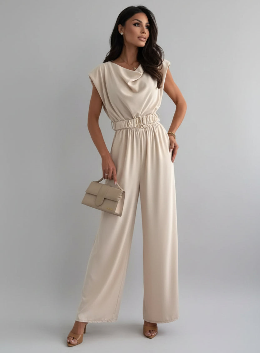 Cowl Neck Wide-Leg Jumpsuit Tan / S The Nichole Collection