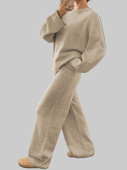 Cozy Luxe Knit Loungewear Ensemble – Contrast-Trim Oversized Sweater & Wide-Leg Pant Set The Nichole Collection