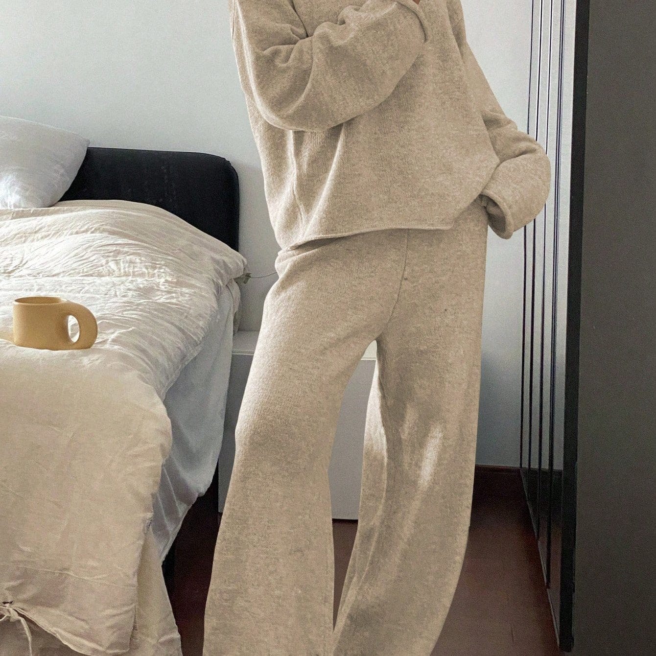 Cozy Luxe Knit Loungewear Ensemble – Contrast-Trim Oversized Sweater & Wide-Leg Pant Set Beige / S The Nichole Collection