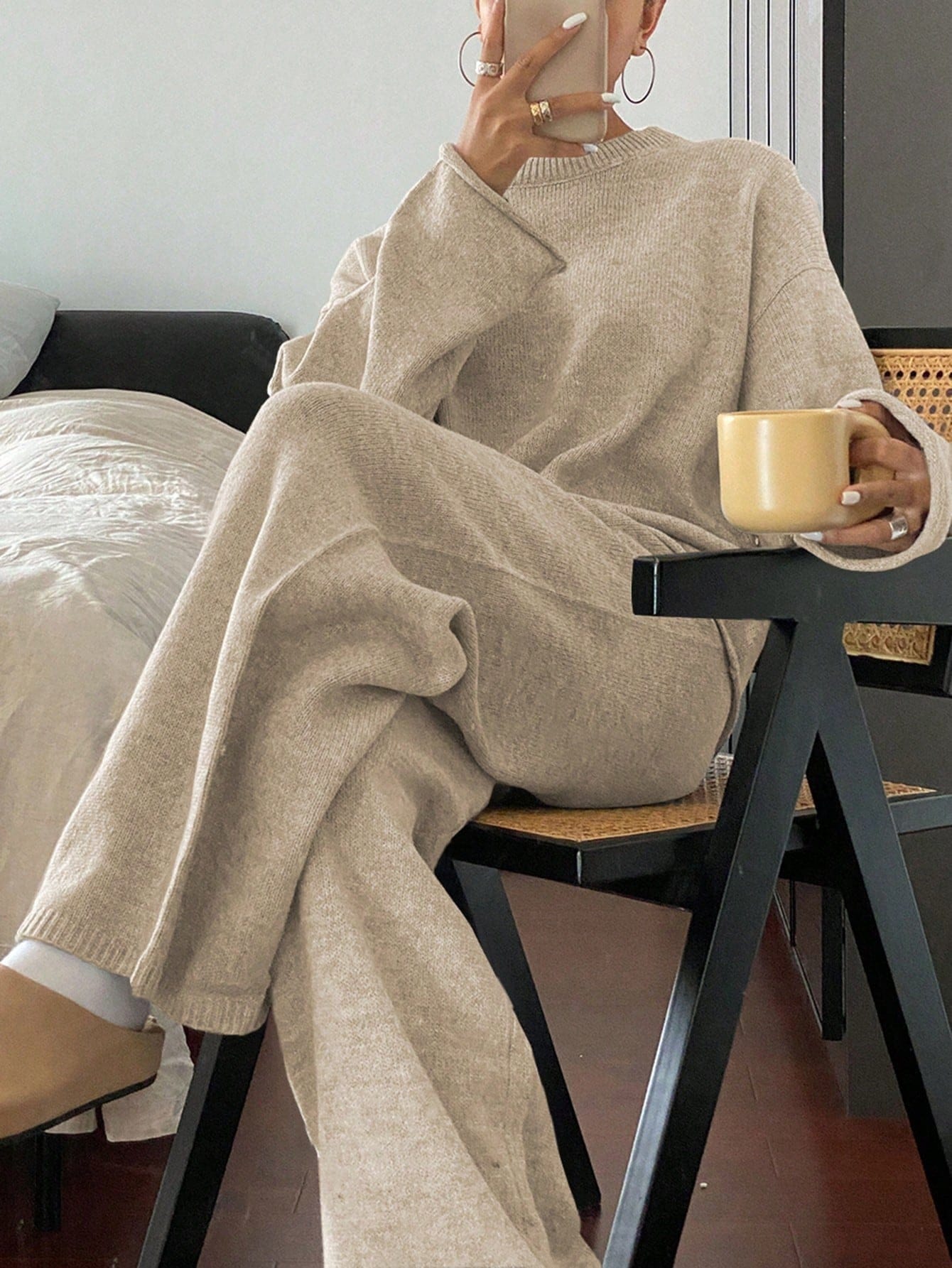 Cozy Luxe Knit Loungewear Ensemble – Contrast-Trim Oversized Sweater & Wide-Leg Pant Set The Nichole Collection