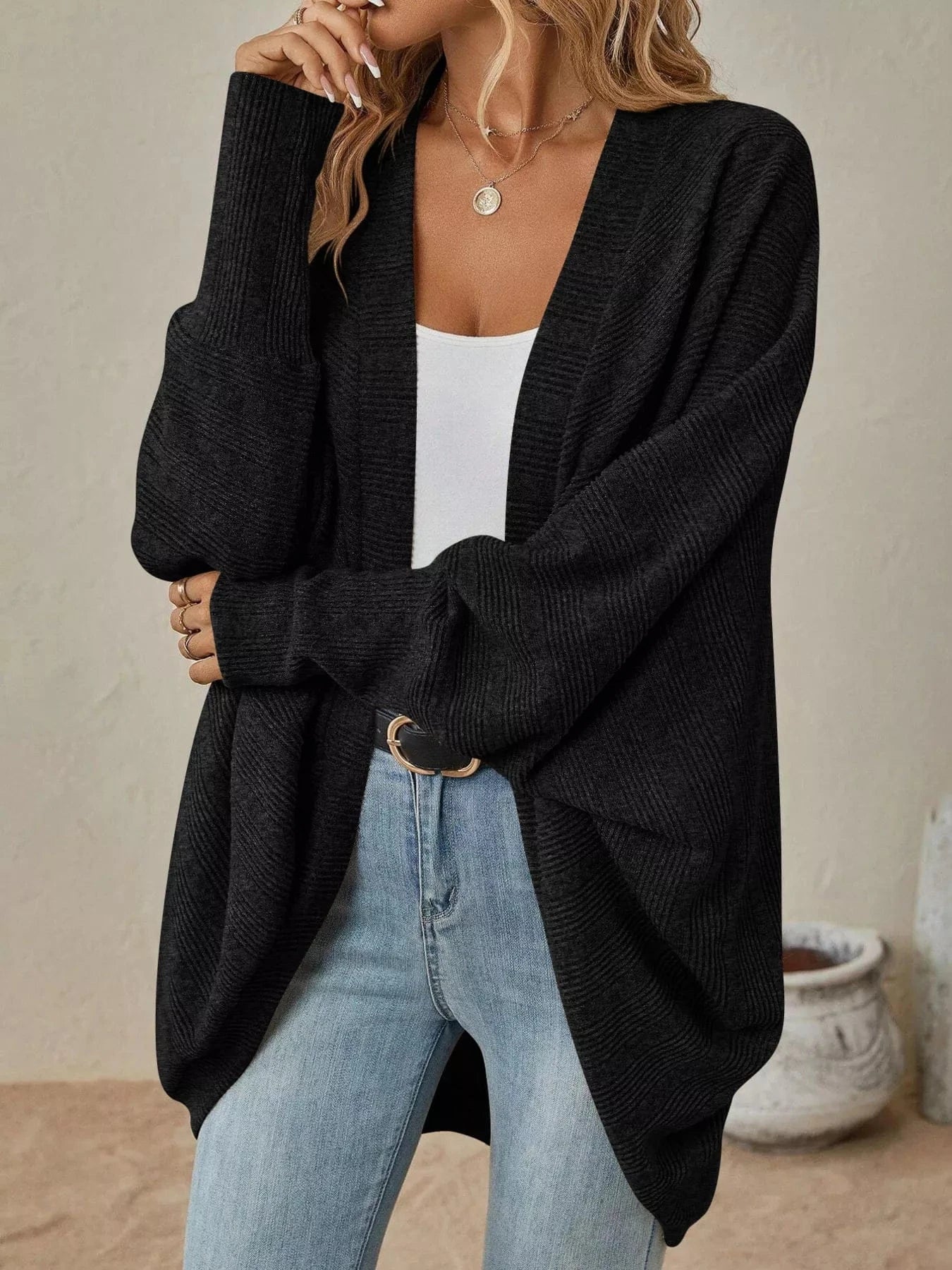 Cozy Oversized Open Front Knit Cardigan Black / S Trendsi