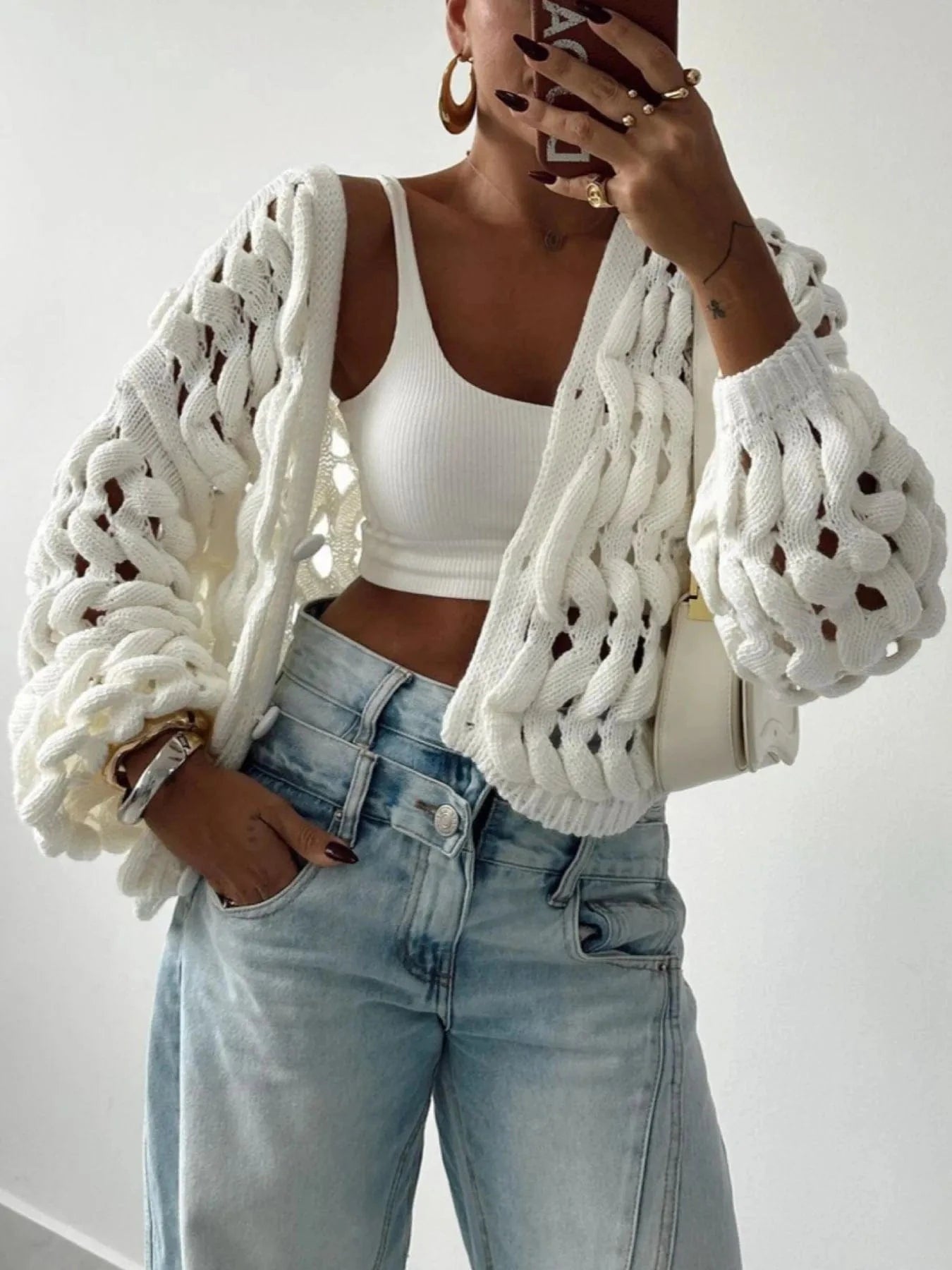 Crochet Button Up Cardigan Off White / S The Nichole Collection