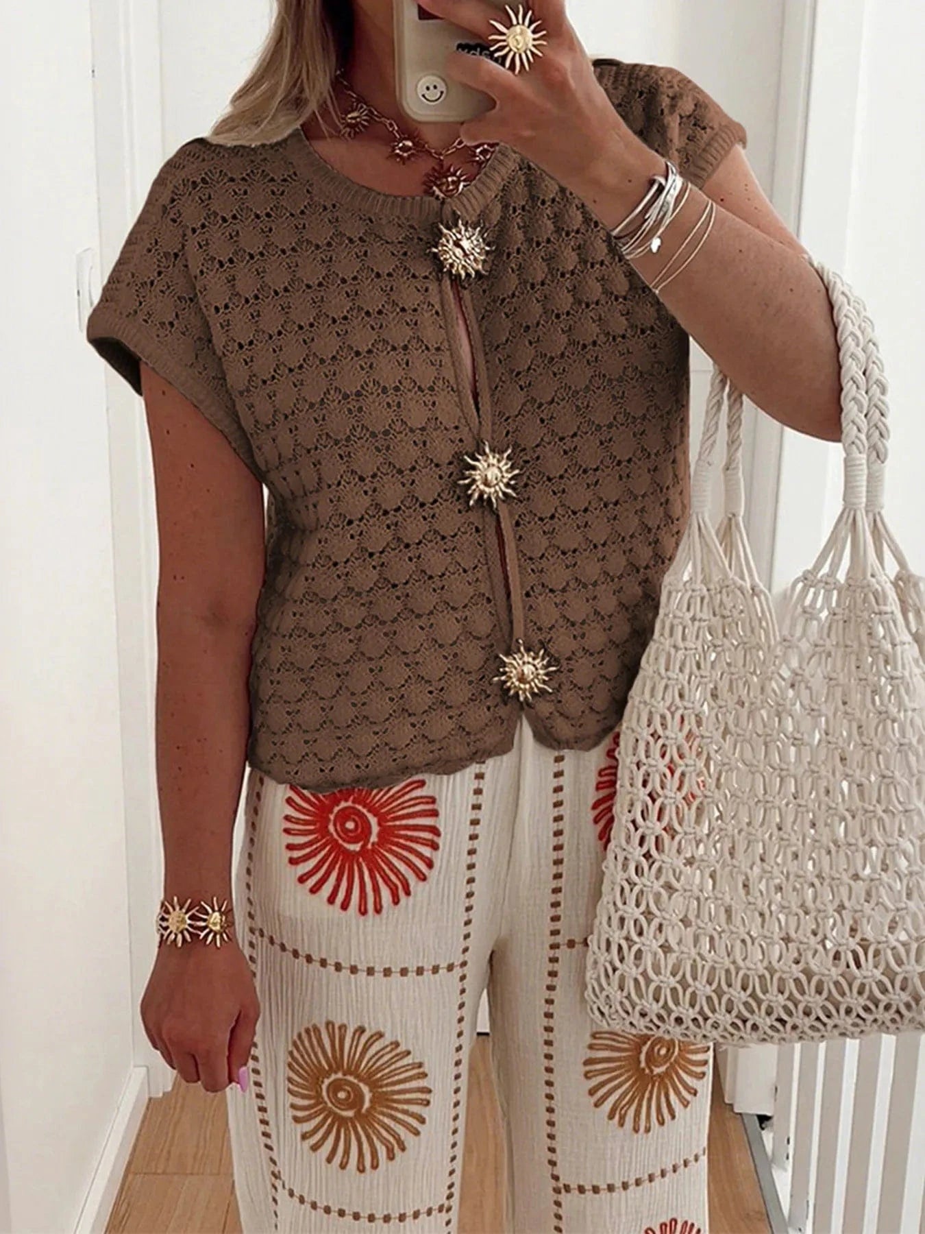 Crochet Short Sleeve Button Front Cardigan Sweaters Brown / S The Nichole Collection