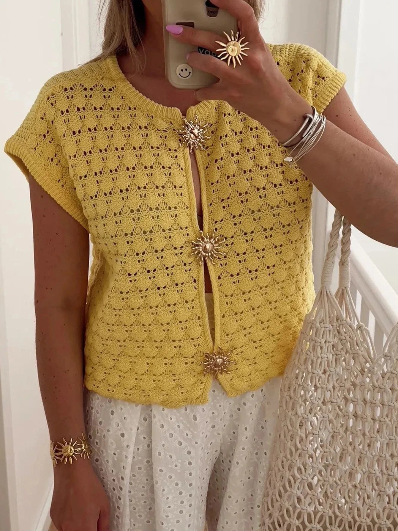 Crochet Short Sleeve Button Front Cardigan Sweaters The Nichole Collection