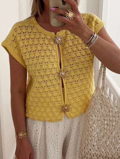 Crochet Short Sleeve Button Front Cardigan Sweaters The Nichole Collection