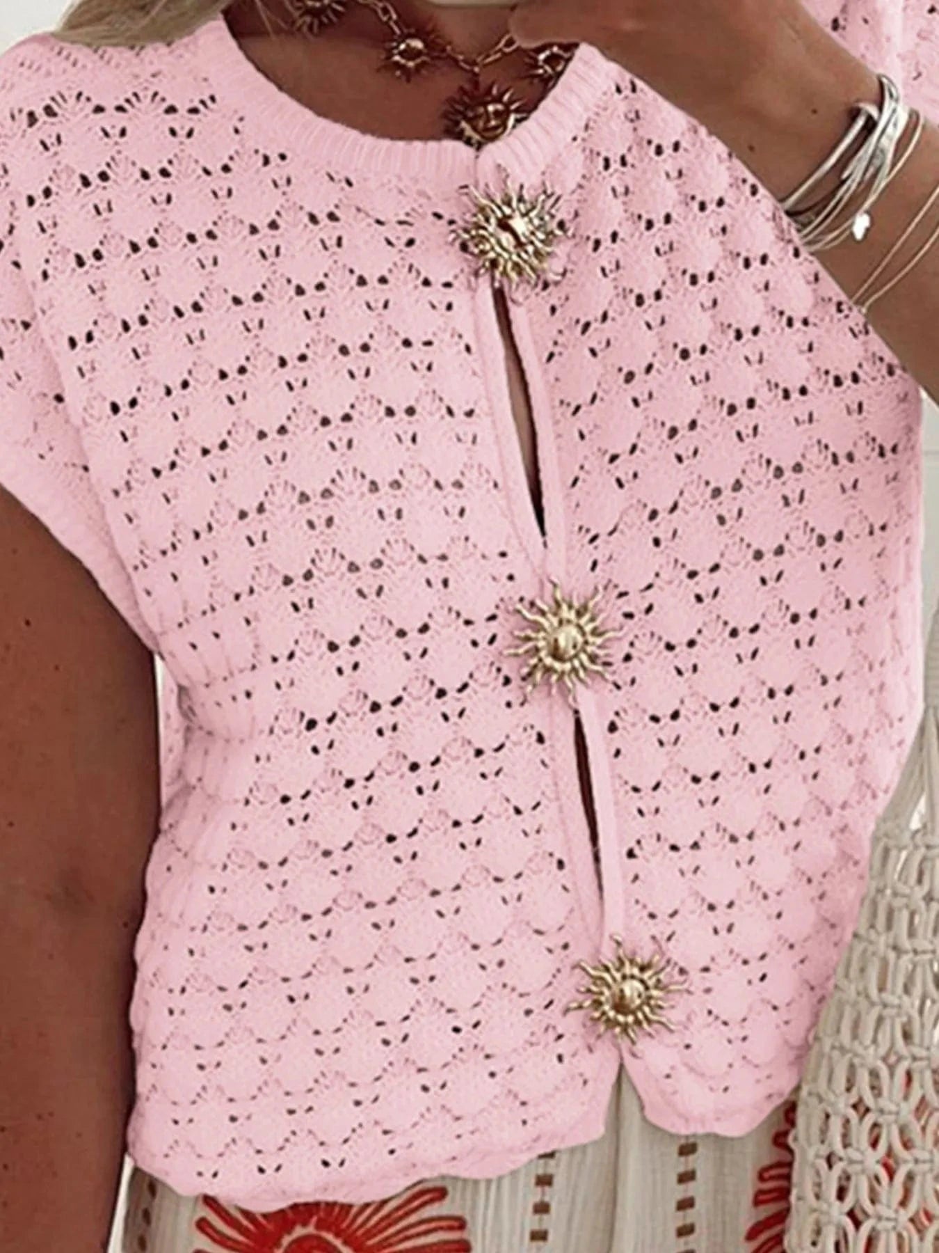Crochet Short Sleeve Button Front Cardigan Sweaters The Nichole Collection
