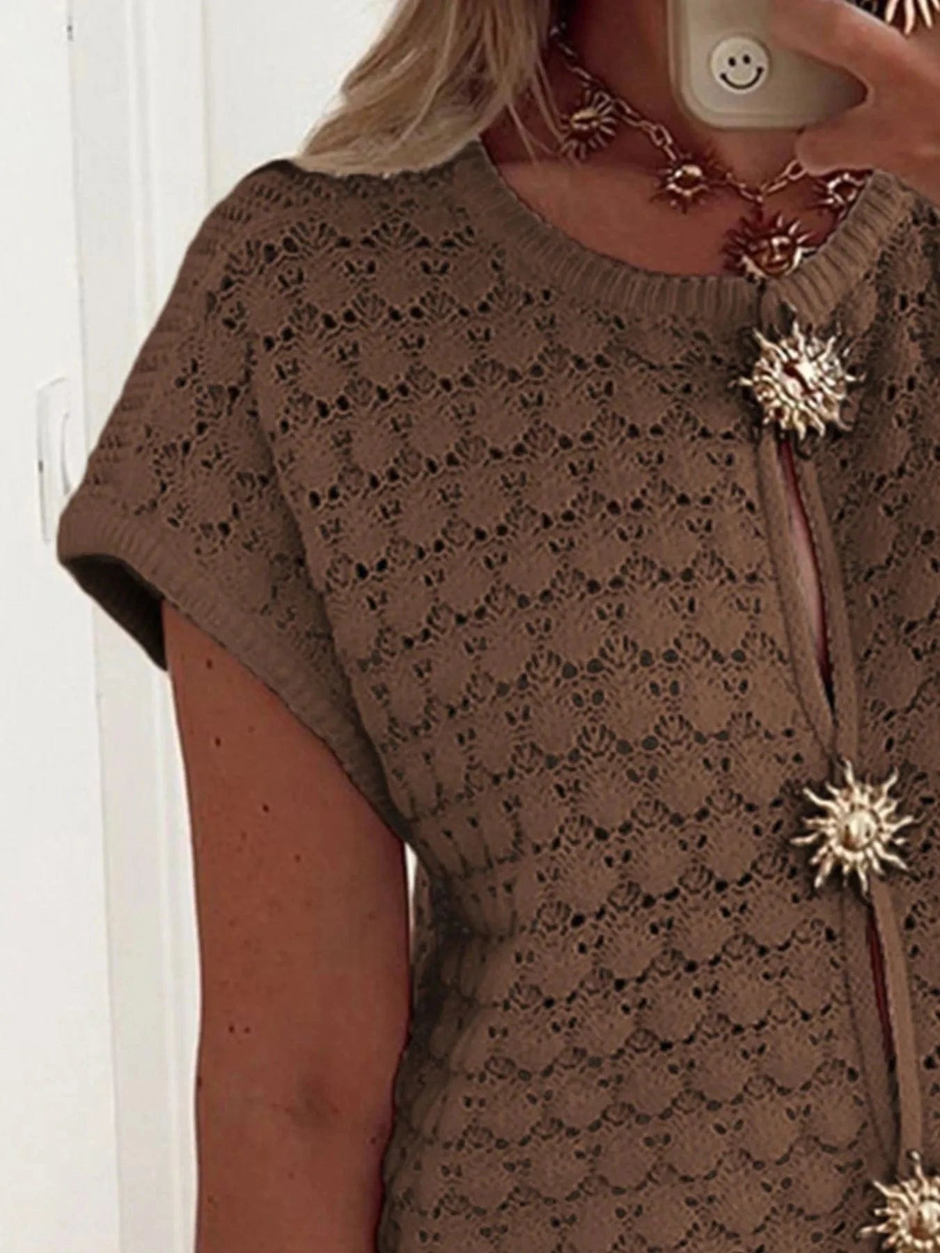 Crochet Short Sleeve Button Front Cardigan Sweaters The Nichole Collection