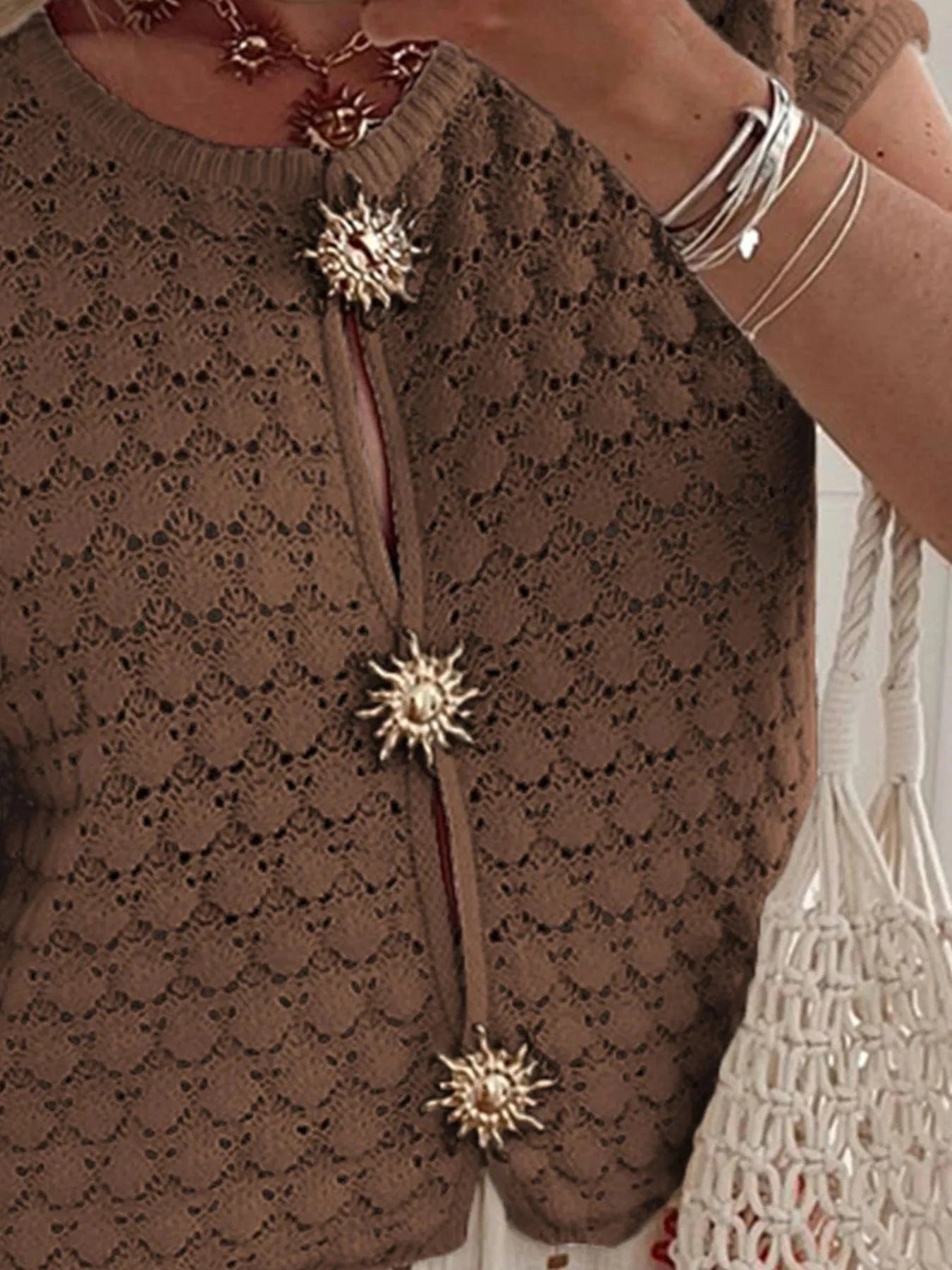 Crochet Short Sleeve Button Front Cardigan Sweaters The Nichole Collection