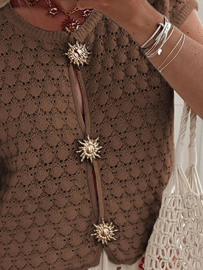 Crochet Short Sleeve Button Front Cardigan Sweaters The Nichole Collection