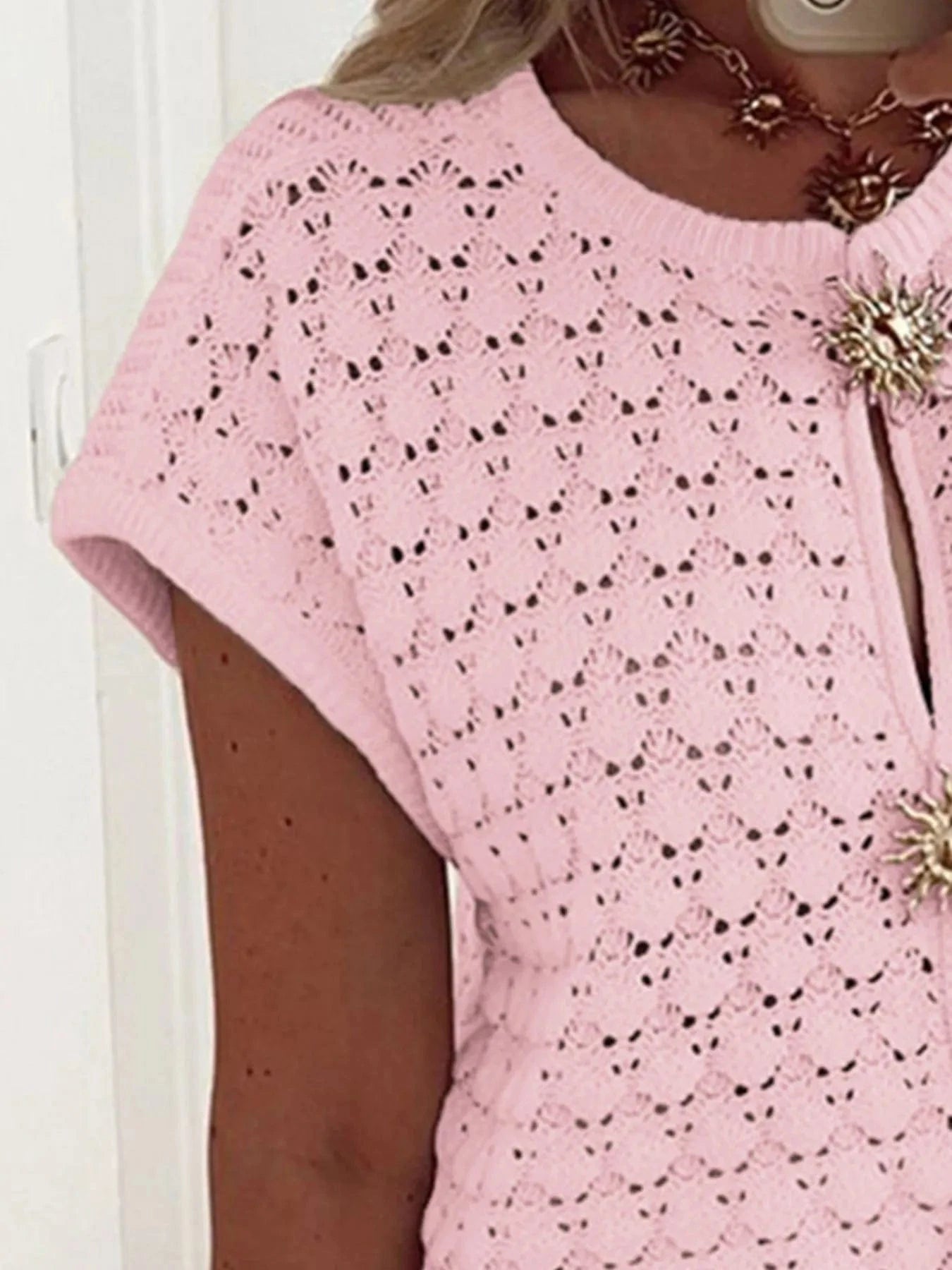 Crochet Short Sleeve Button Front Cardigan Sweaters The Nichole Collection