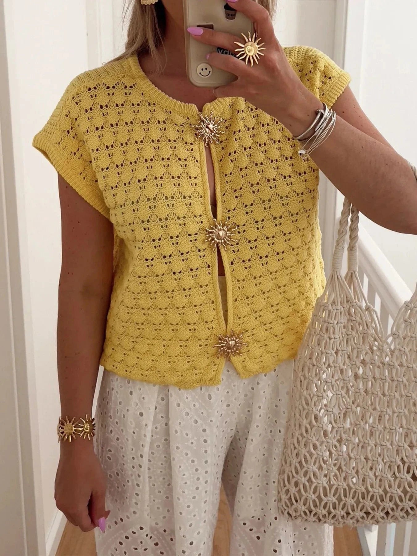 Crochet Short Sleeve Button Front Cardigan Sweaters Yellow / S The Nichole Collection