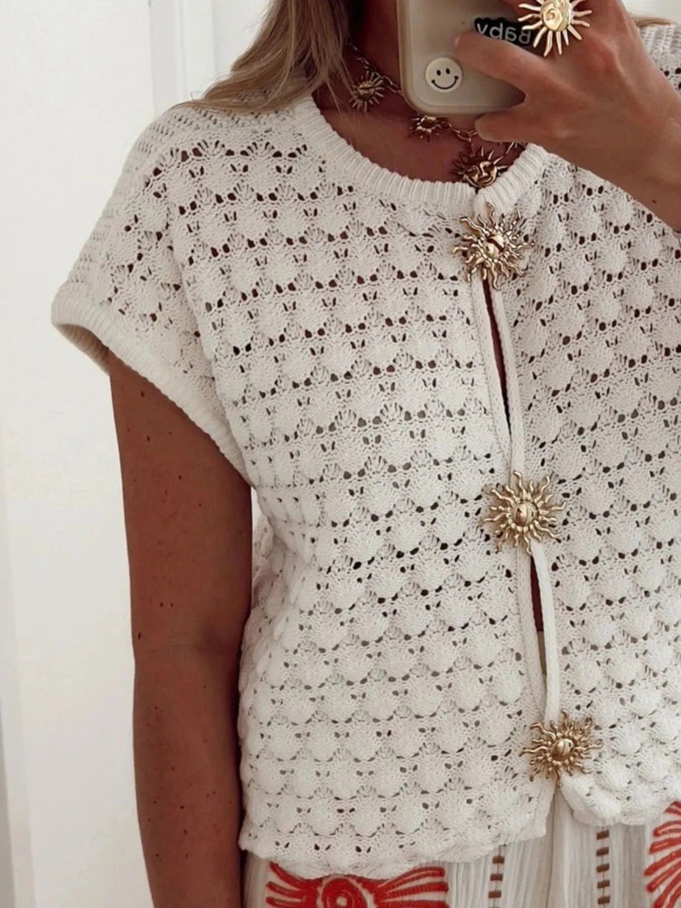 Crochet Short Sleeve Button Front Cardigan Sweaters The Nichole Collection