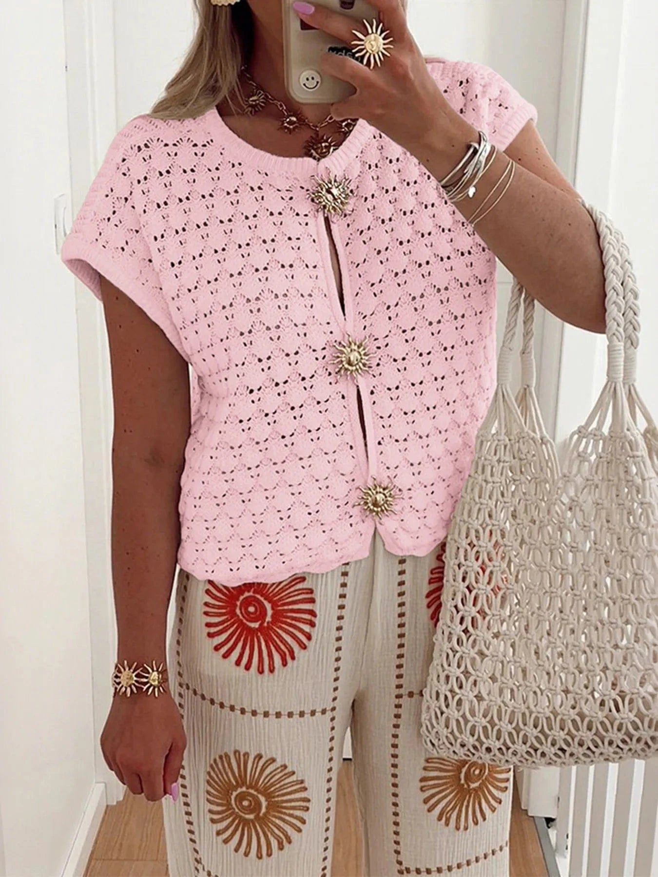 Crochet Short Sleeve Button Front Cardigan Sweaters Pink / S The Nichole Collection