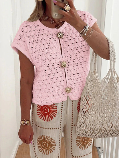 Crochet Short Sleeve Button Front Cardigan Sweaters Pink / S The Nichole Collection