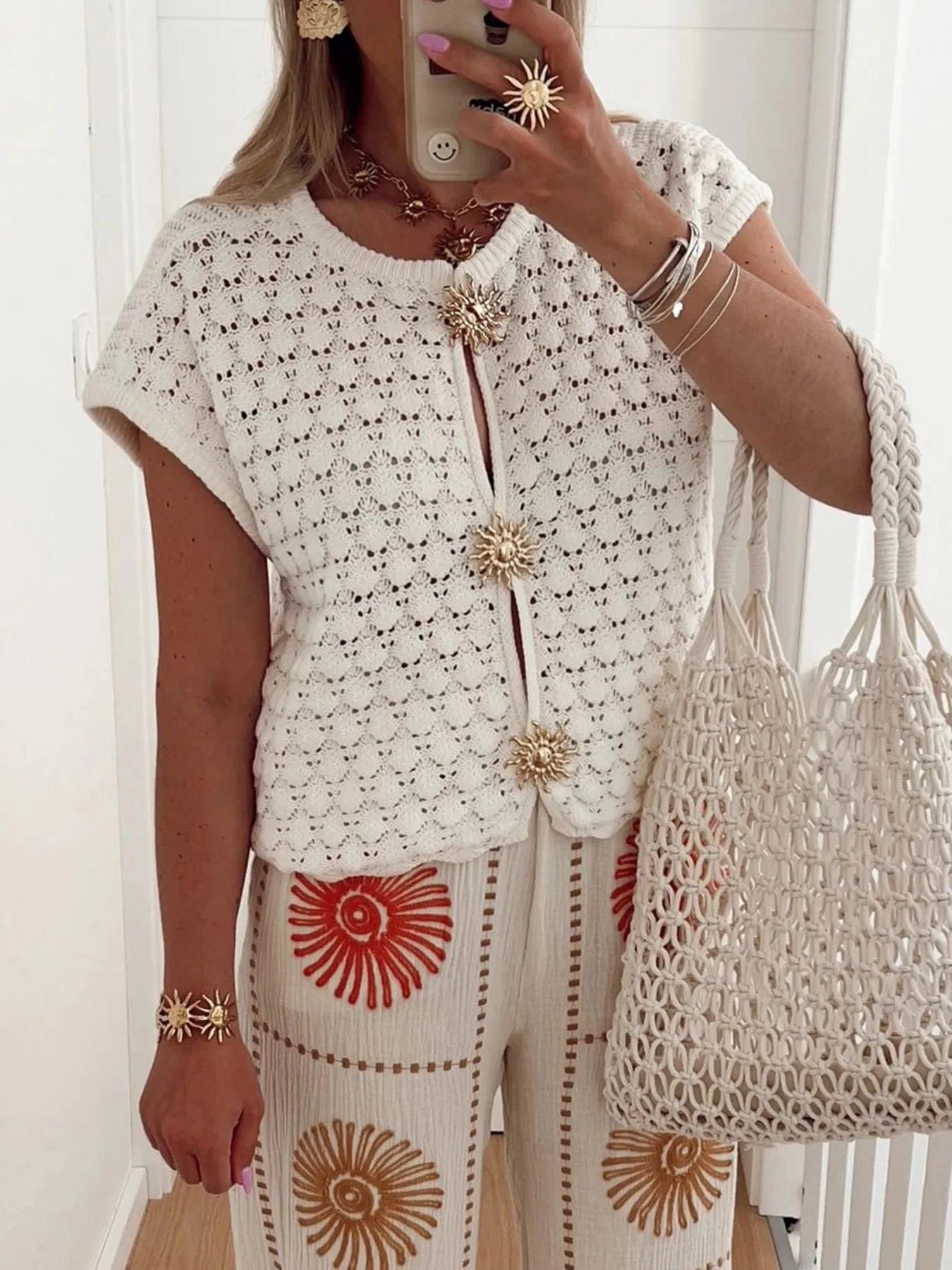 Crochet Short Sleeve Button Front Cardigan Sweaters White / S The Nichole Collection