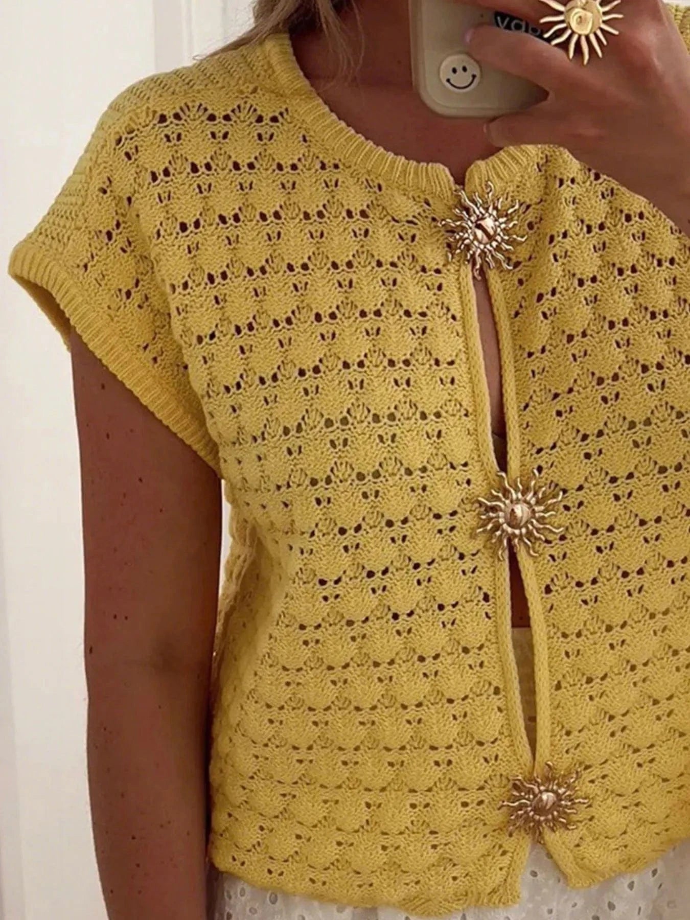 Crochet Short Sleeve Button Front Cardigan Sweaters The Nichole Collection