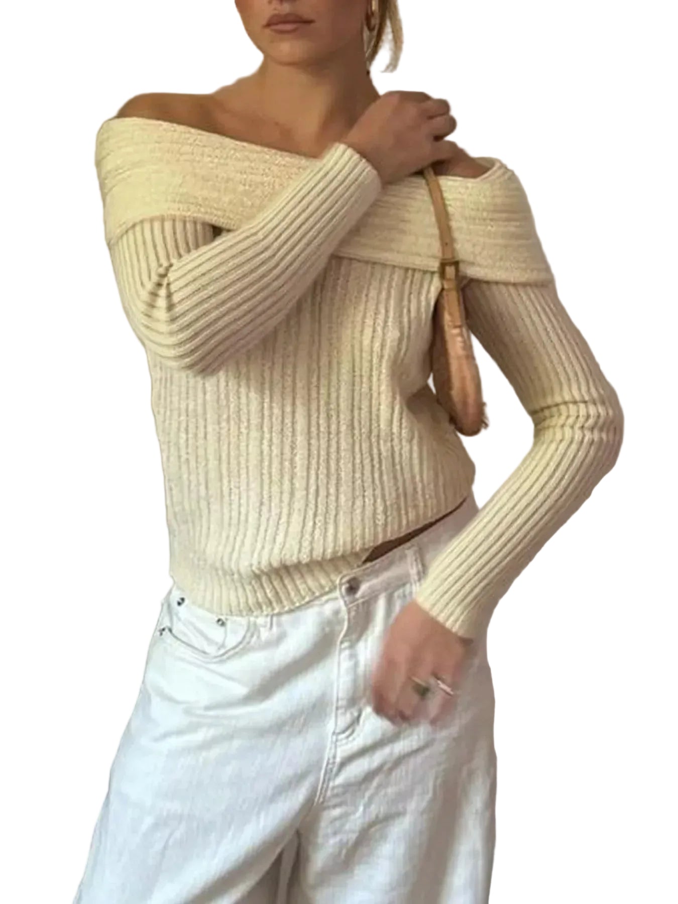 Cropped Off-Shoulder Ribbed Knit Sweater Light Yellow / S The Nichole Collection - Official Site