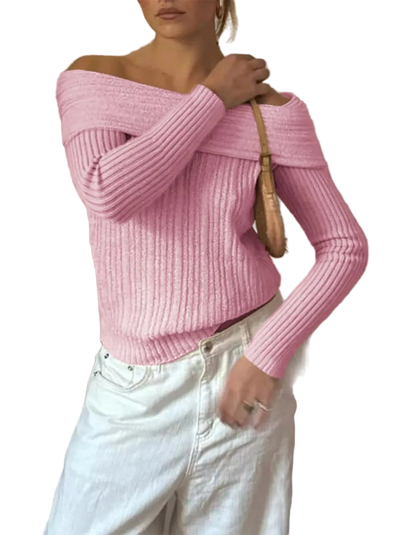 Cropped Off-Shoulder Ribbed Knit Sweater Pink / S The Nichole Collection - Official Site