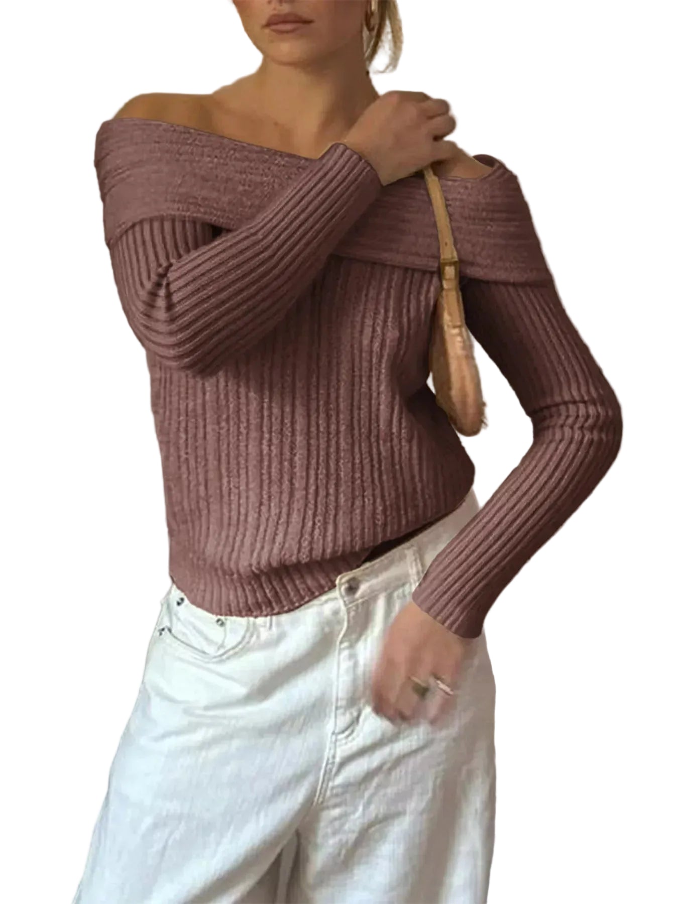 Cropped Off-Shoulder Ribbed Knit Sweater Brown / S The Nichole Collection - Official Site