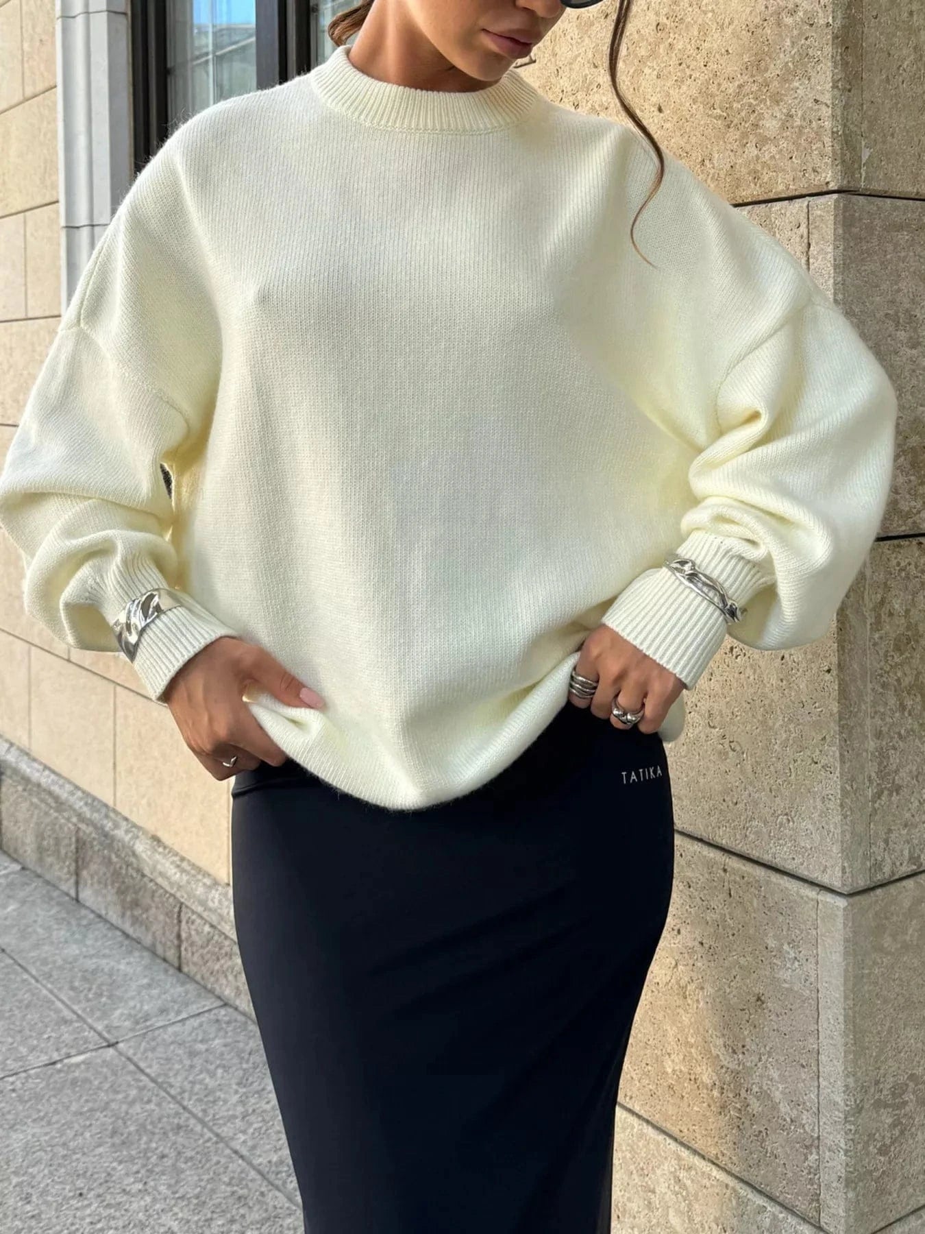 Cutout Round Neck Sweater with Faux Pearl Back Sweaters The Nichole Collection