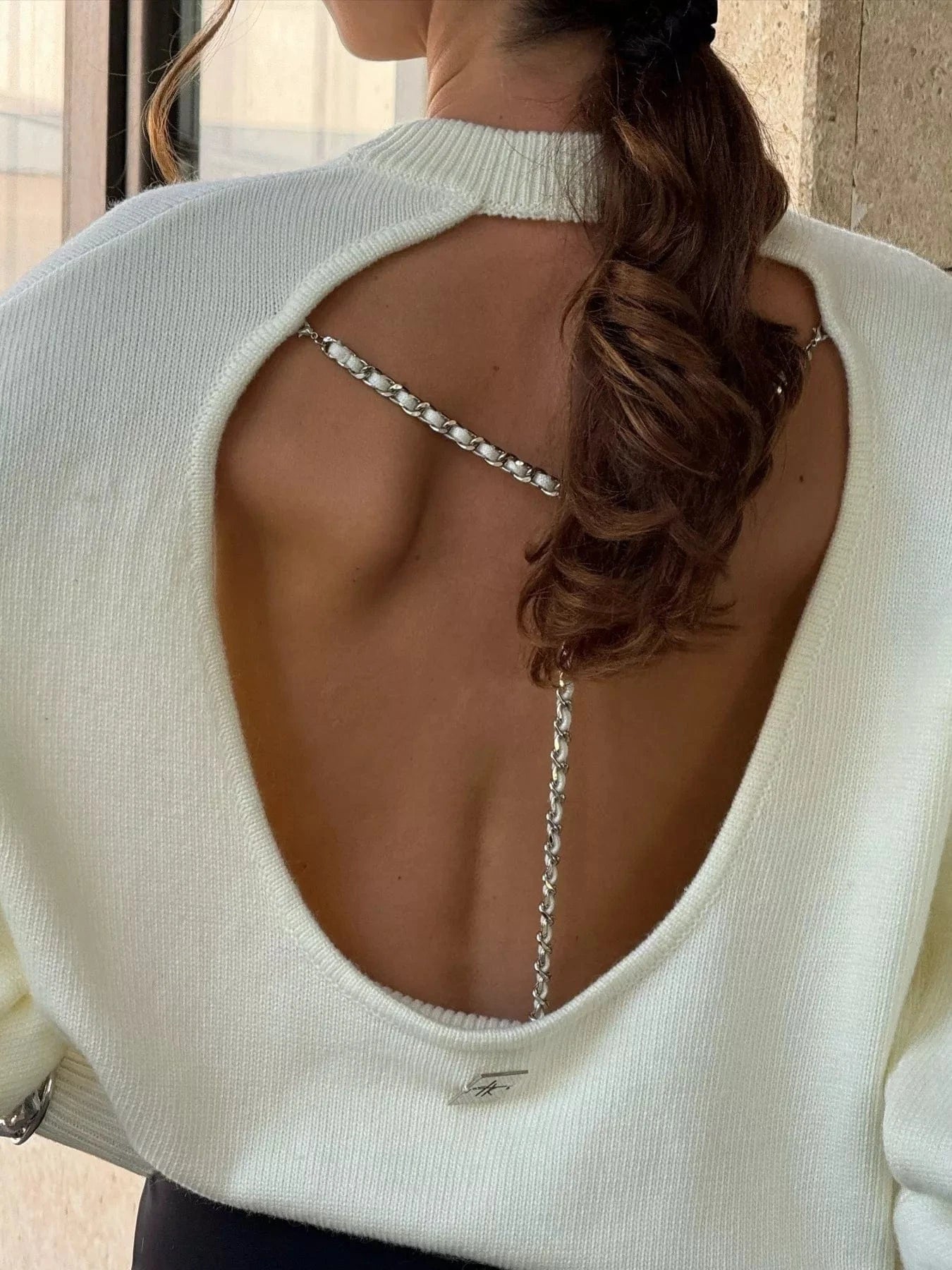 Cutout Round Neck Sweater with Faux Pearl Back Sweaters The Nichole Collection