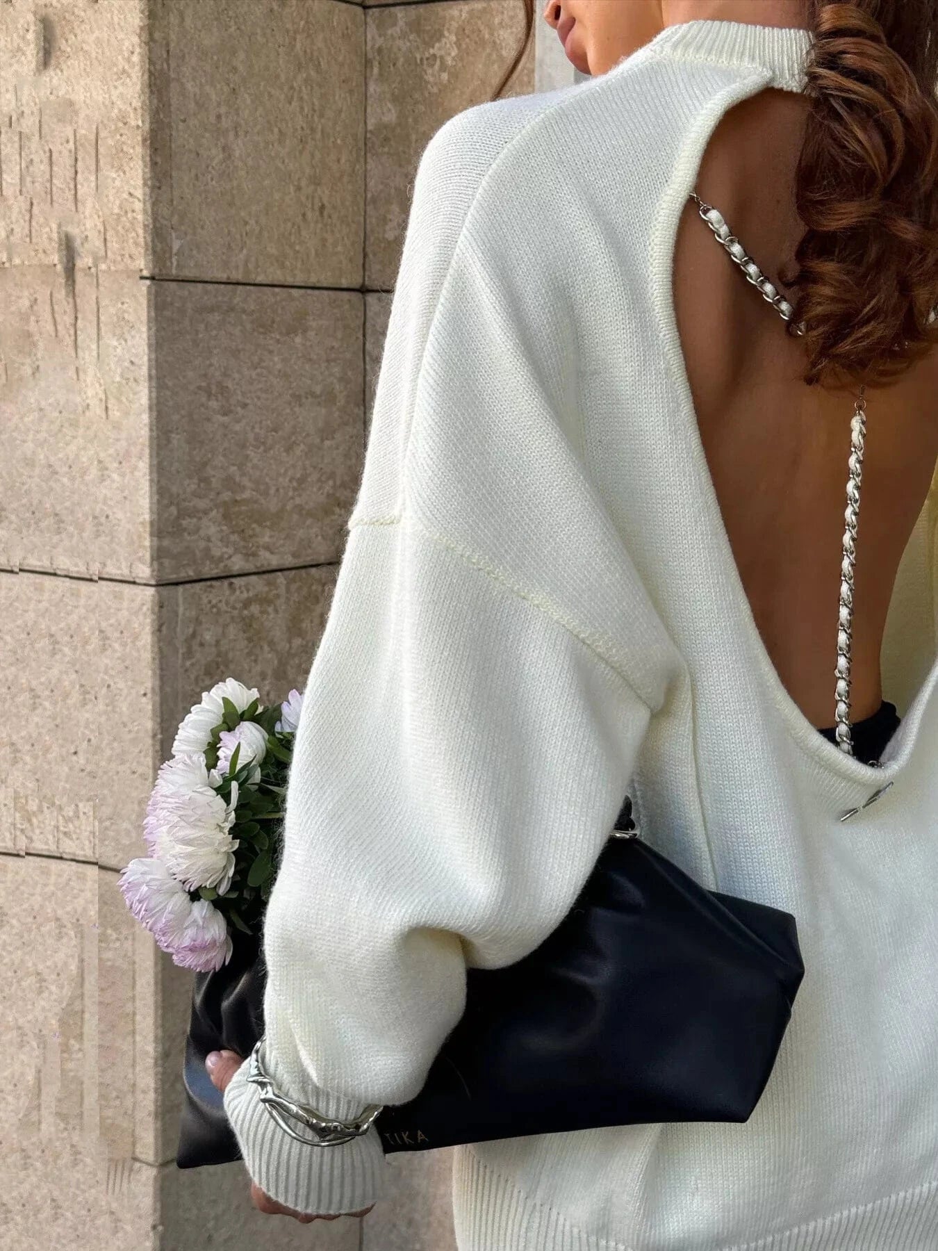 Cutout Round Neck Sweater with Faux Pearl Back Sweaters The Nichole Collection