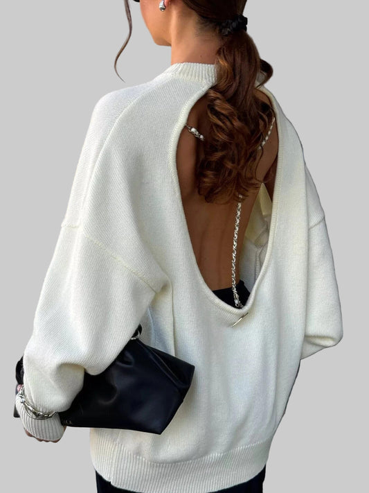 Cutout Round Neck Sweater with Faux Pearl Back Sweaters Ivory / S The Nichole Collection