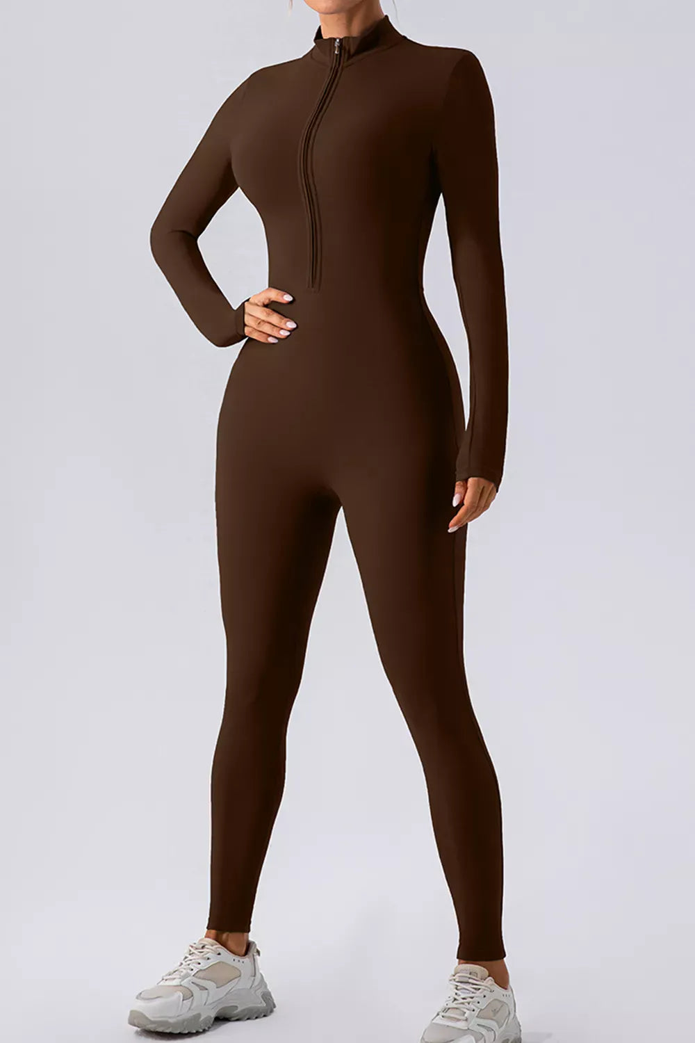 Half-Zip Mock-Neck Active Jumpsuit - Chocolate / S