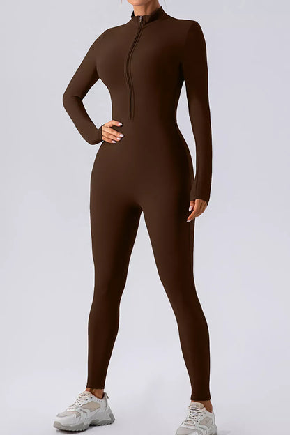 Half-Zip Mock-Neck Active Jumpsuit - Chocolate / S